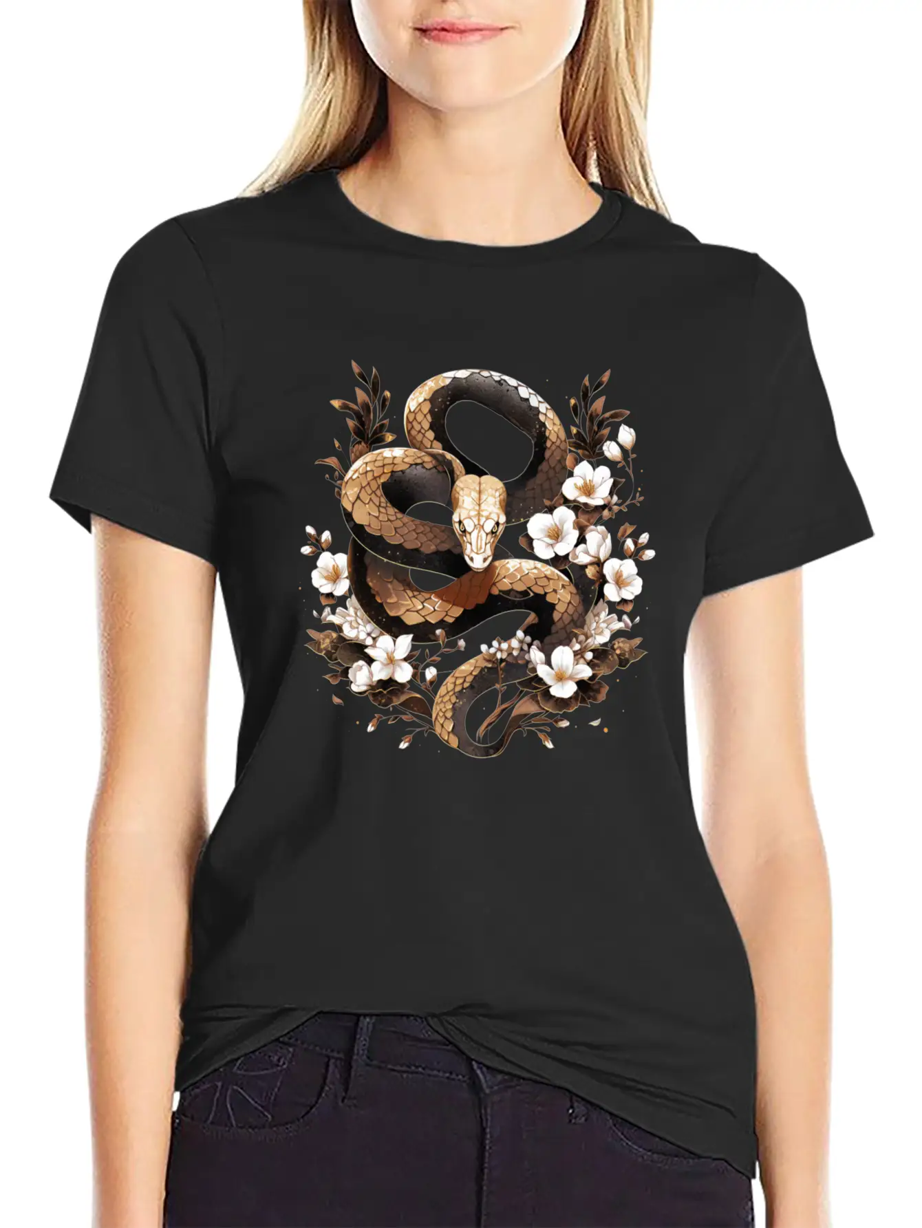 Golden Floral Snake Essential Cotton Tee For Daily Outfits – Unisex Style
