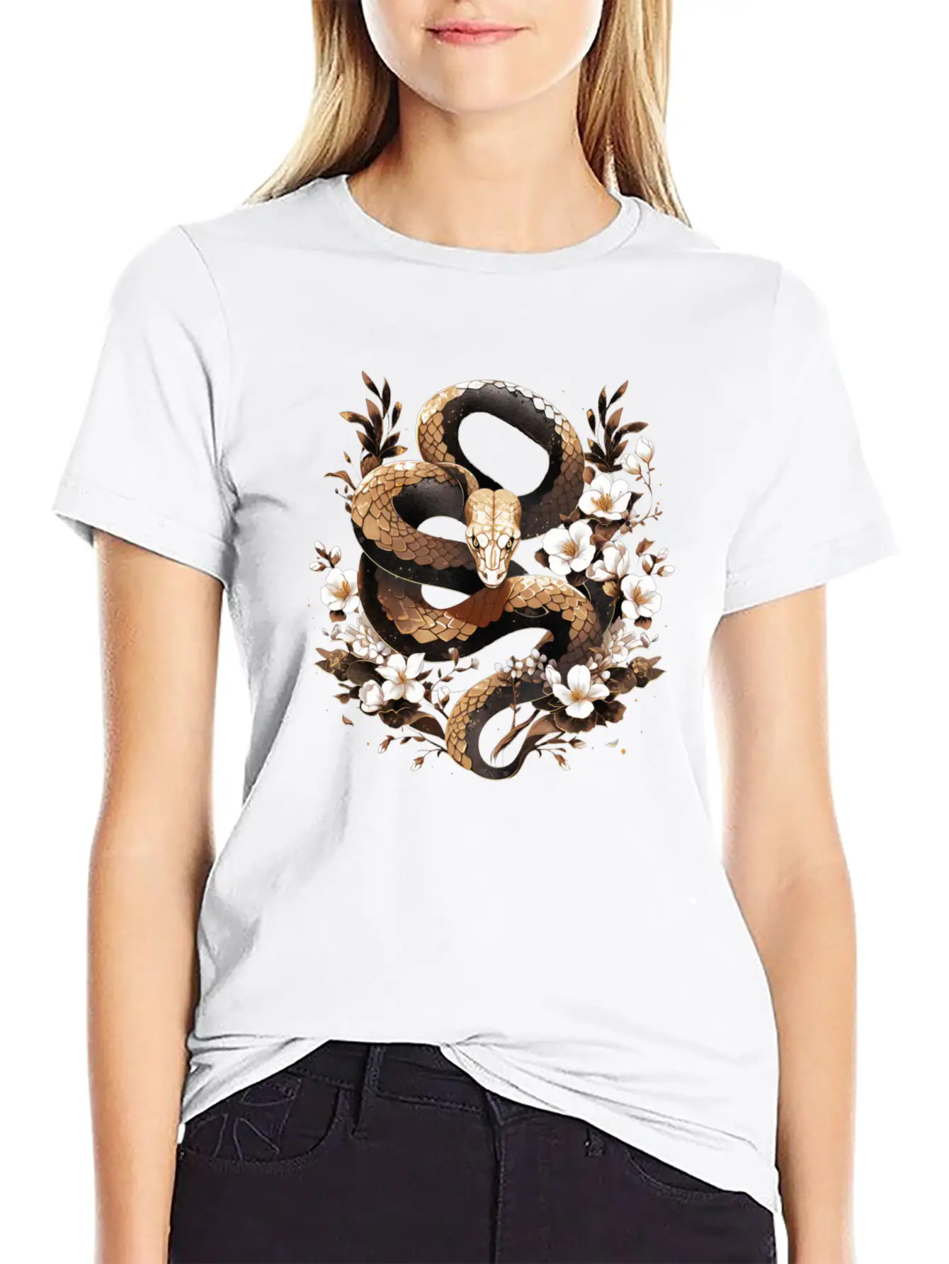 Golden Floral Snake Essential Cotton Tee For Daily Outfits – Unisex Style