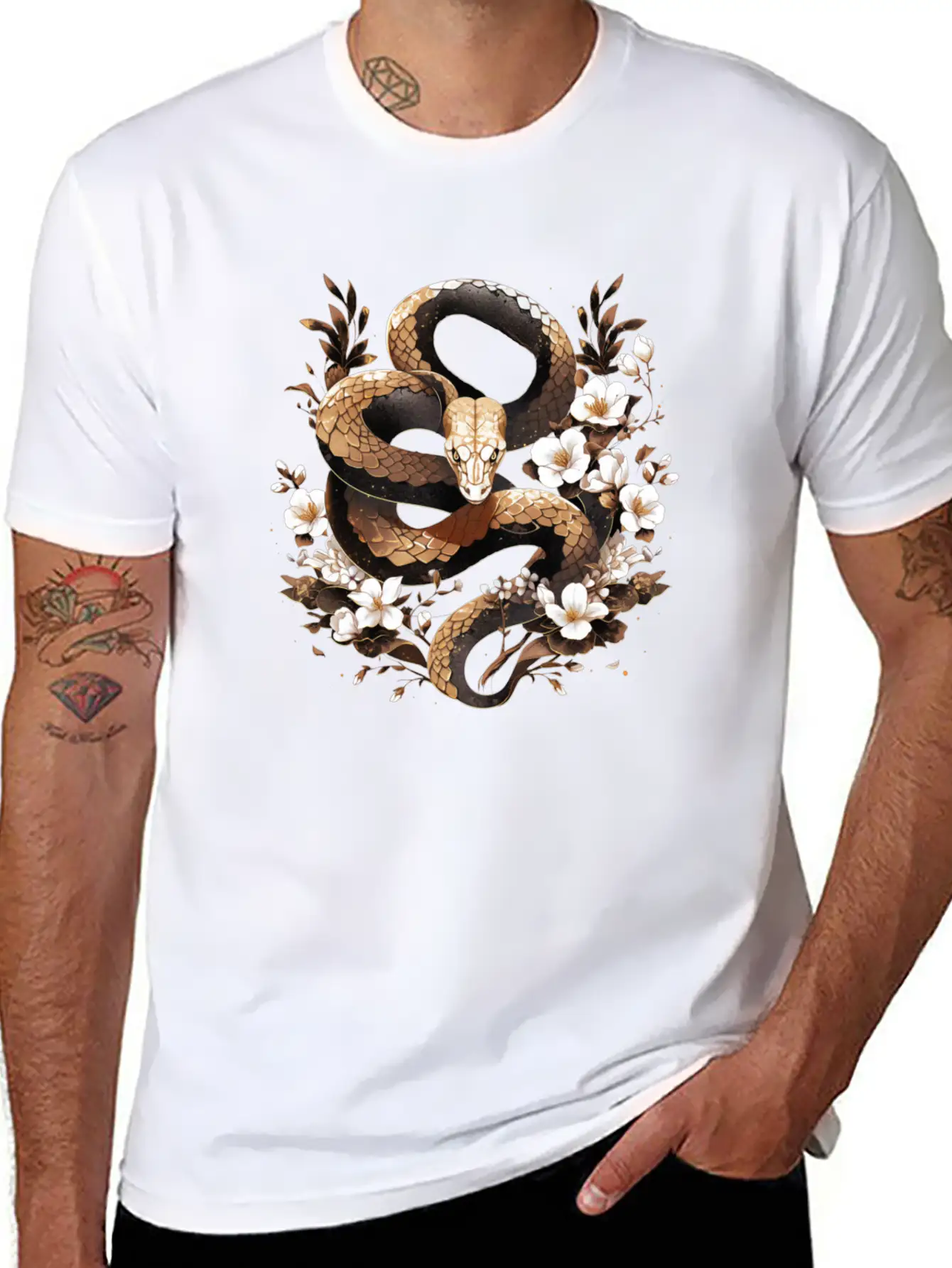 Golden Floral Snake Essential Cotton Tee For Daily Outfits – Unisex Style