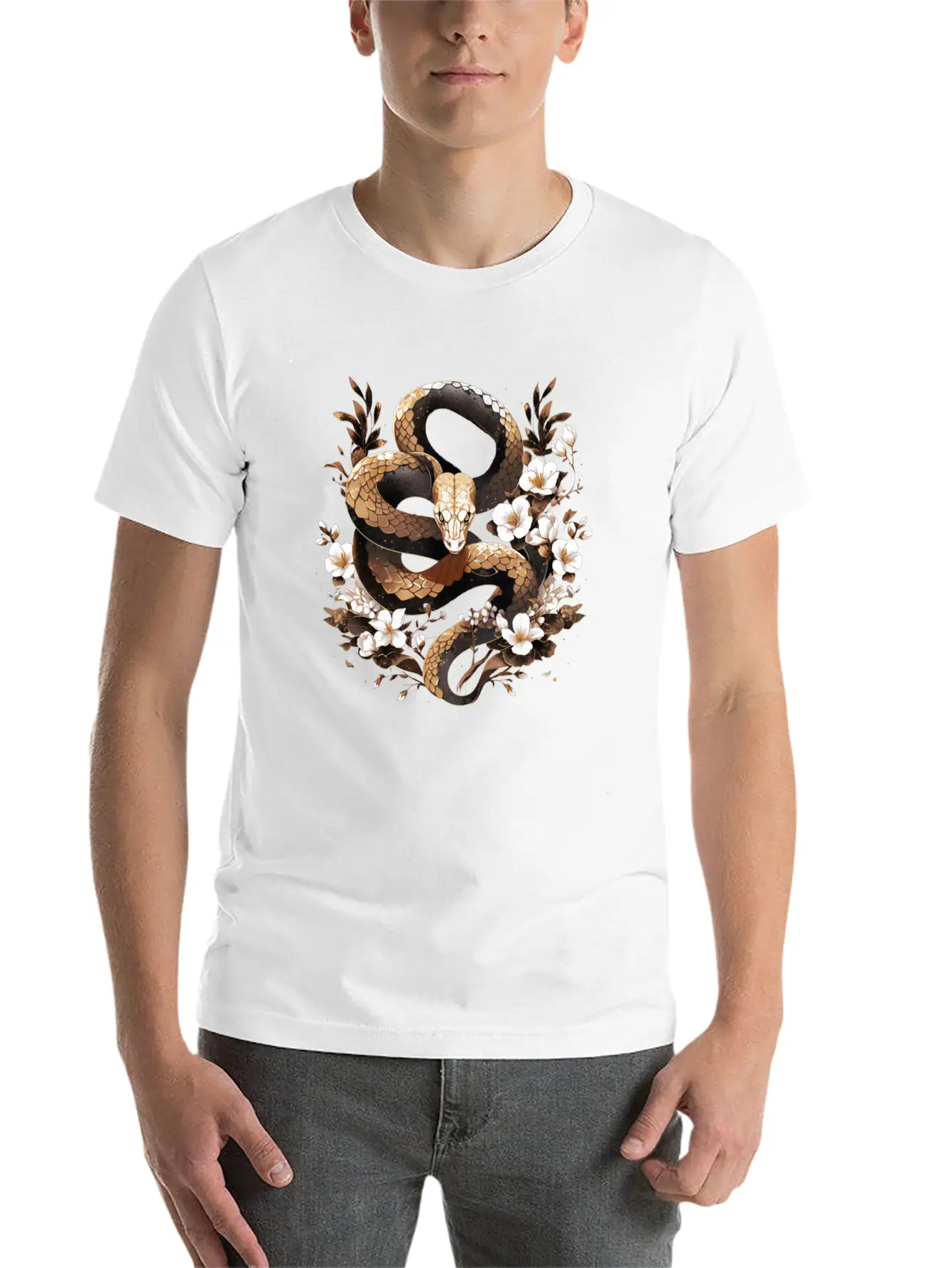 Golden Floral Snake Essential Cotton Tee For Daily Outfits – Unisex Style