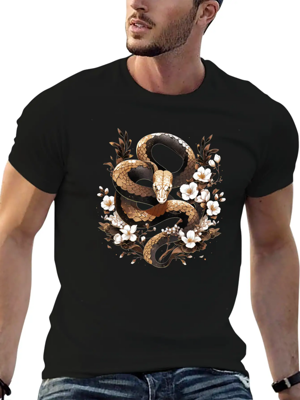 Golden Floral Snake Essential Cotton Tee For Daily Outfits – Unisex Style