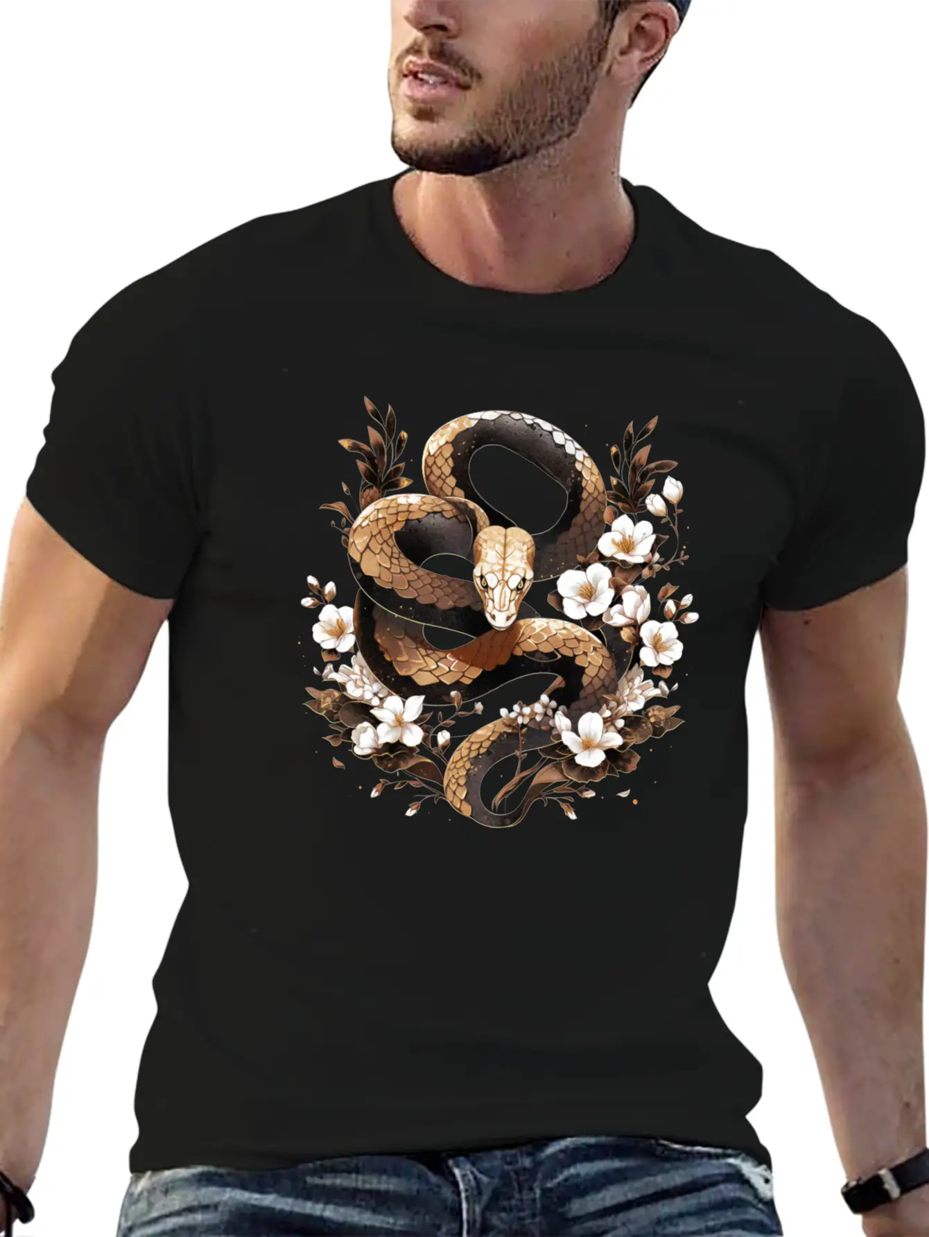 Golden Floral Snake Essential Cotton Tee For Daily Outfits – Unisex Style