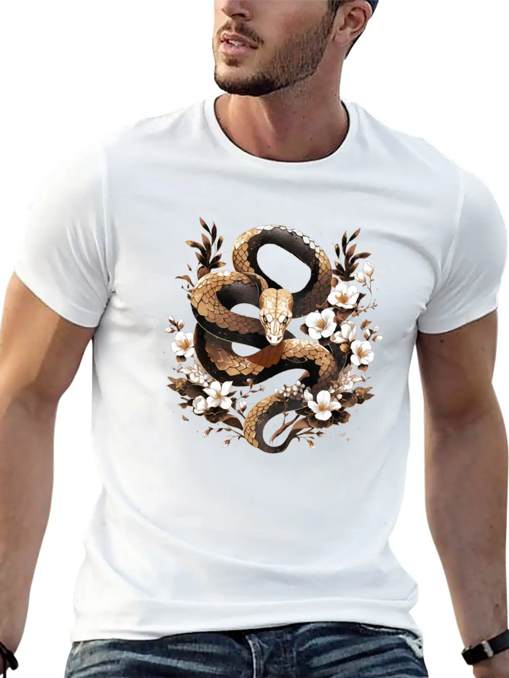 Golden Floral Snake Essential Cotton Tee For Daily Outfits – Unisex Style