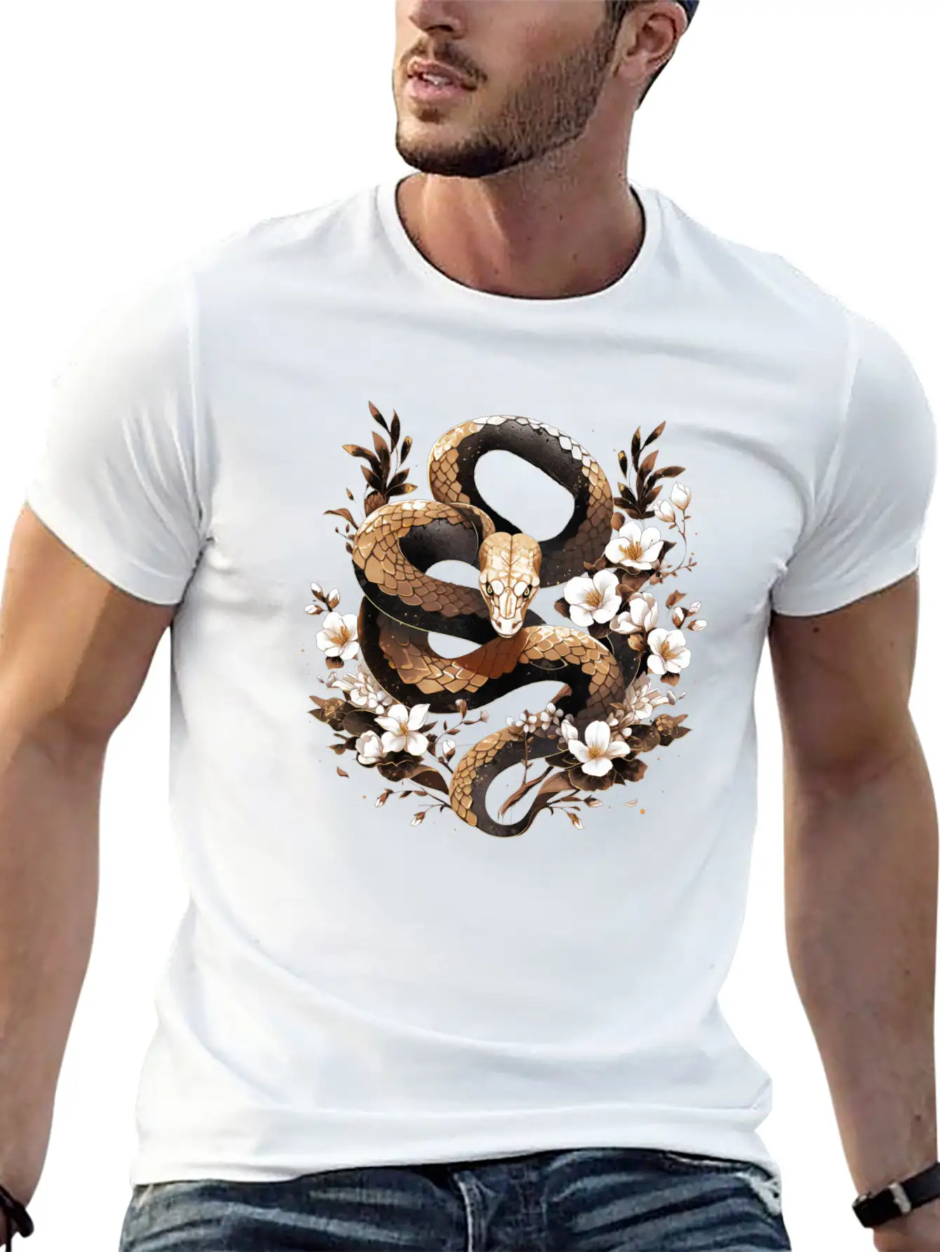 Golden Floral Snake Essential Cotton Tee For Daily Outfits – Unisex Style