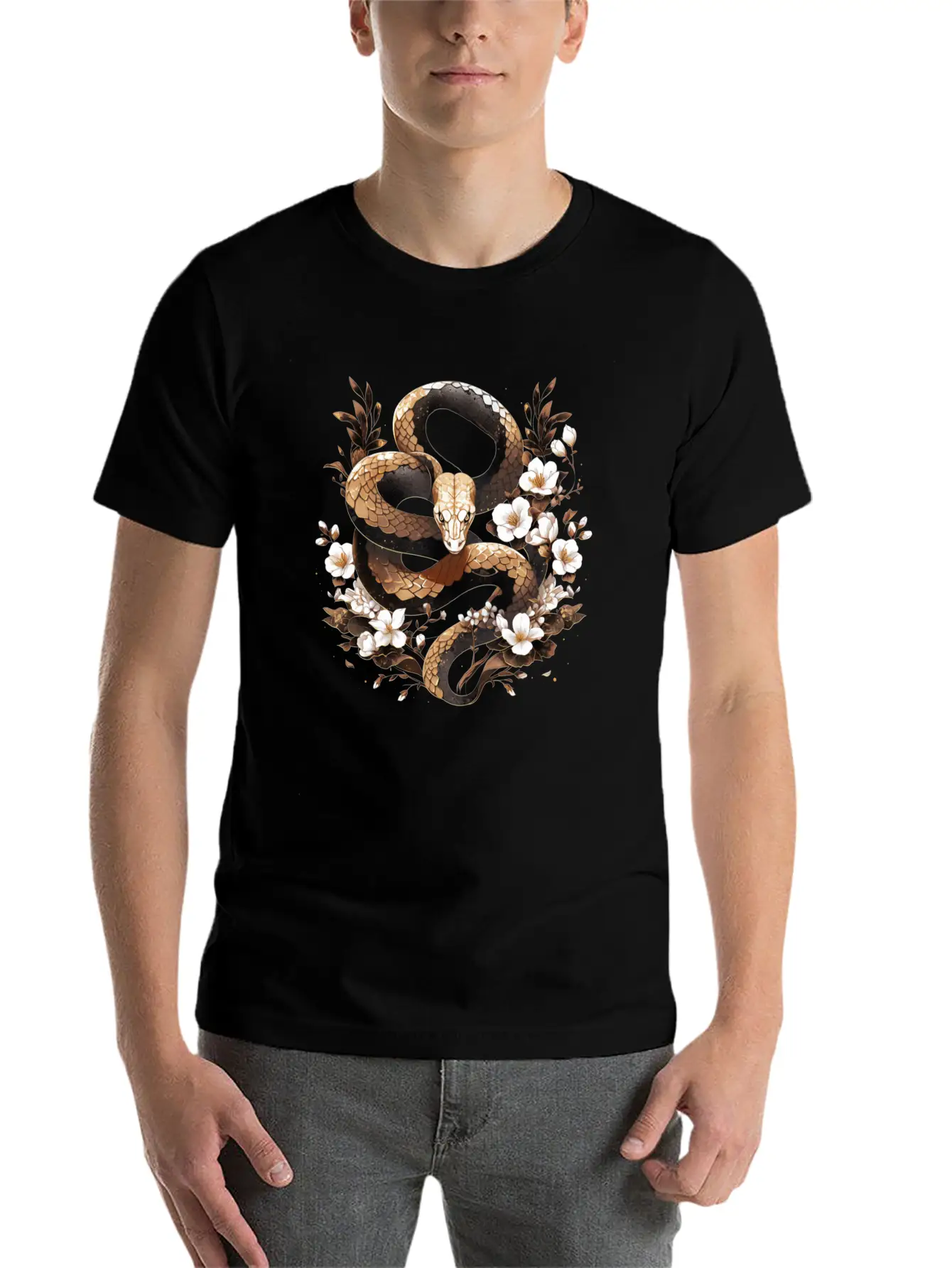 Golden Floral Snake Essential Cotton Tee For Daily Outfits – Unisex Style