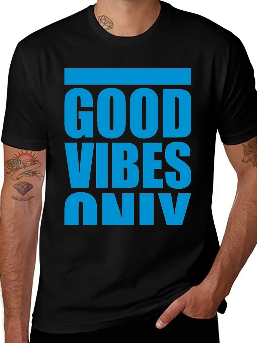 Good Vibes Only Blue Bars Logo Good Mood Fun Joy B Breathable Soft Cotton T-Shirt – Timeless Casual Look