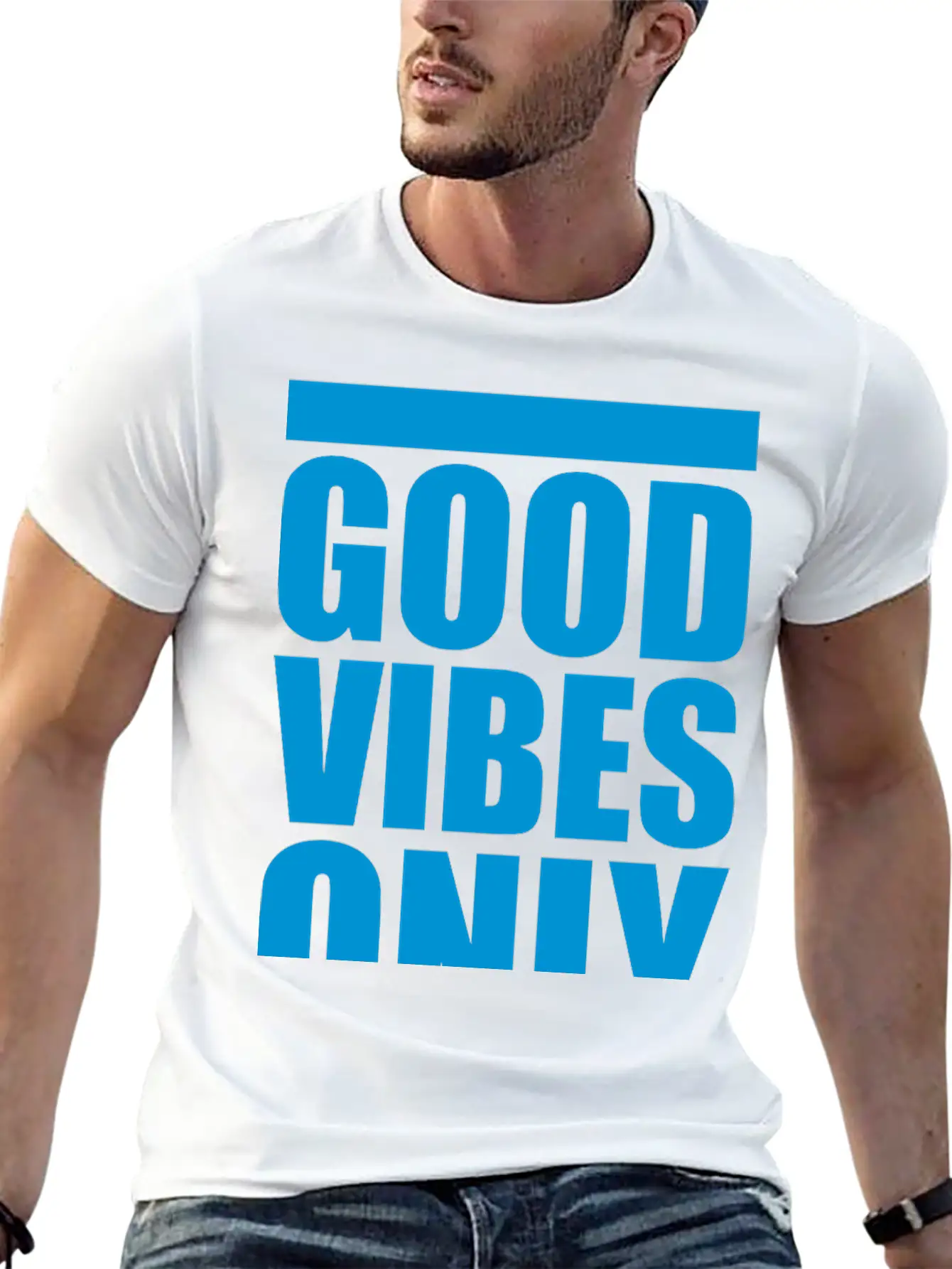Good Vibes Only Blue Bars Logo Good Mood Fun Joy B Breathable Soft Cotton T-Shirt – Timeless Casual Look