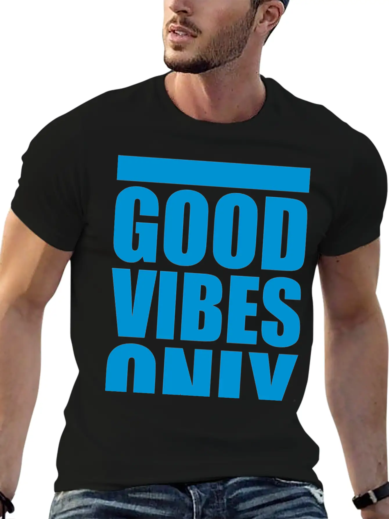 Good Vibes Only Blue Bars Logo Good Mood Fun Joy B Breathable Soft Cotton T-Shirt – Timeless Casual Look