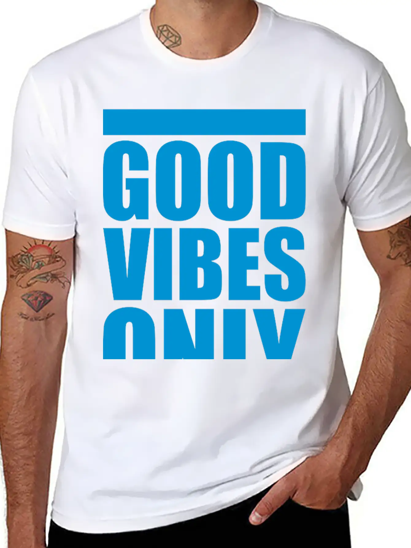 Good Vibes Only Blue Bars Logo Good Mood Fun Joy B Breathable Soft Cotton T-Shirt – Timeless Casual Look