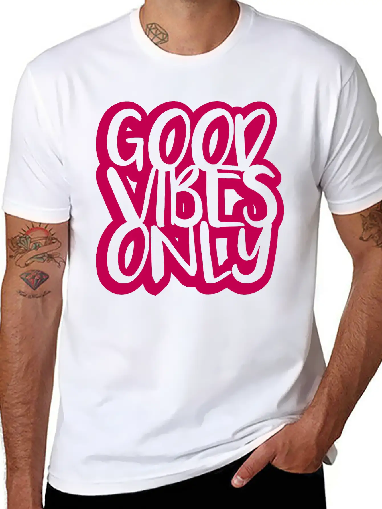 Good Vibes Only Logo Pink Text Mood Positive Attit Breathable Soft Cotton T-Shirt – Timeless Casual Look