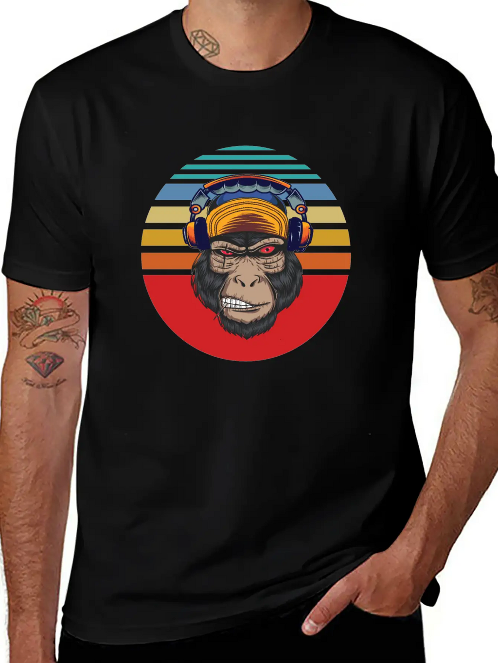 Gorilla Headphones Sunset Retro Stylish Everyday T-Shirt – Unisex Basic Cotton Tee