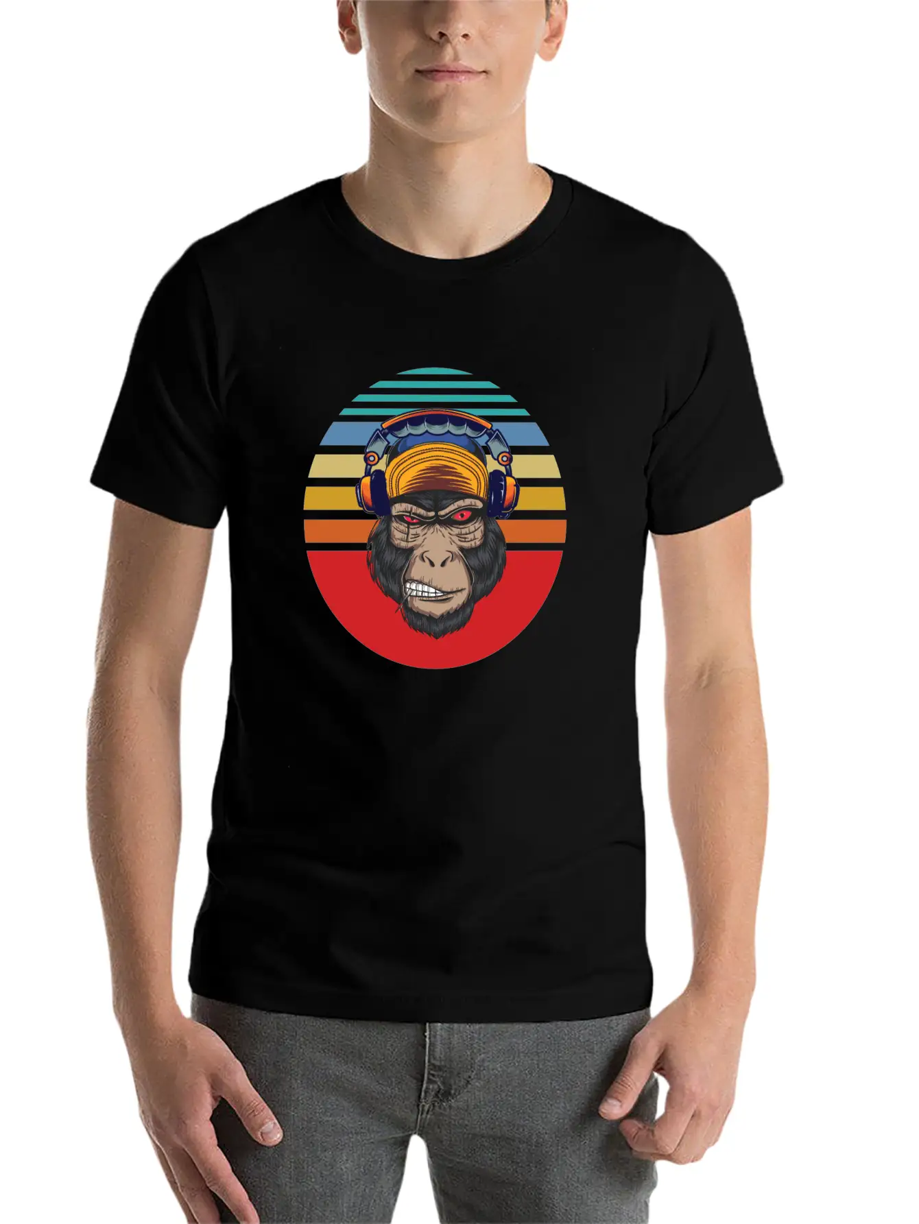 Gorilla Headphones Sunset Retro Stylish Everyday T-Shirt – Unisex Basic Cotton Tee