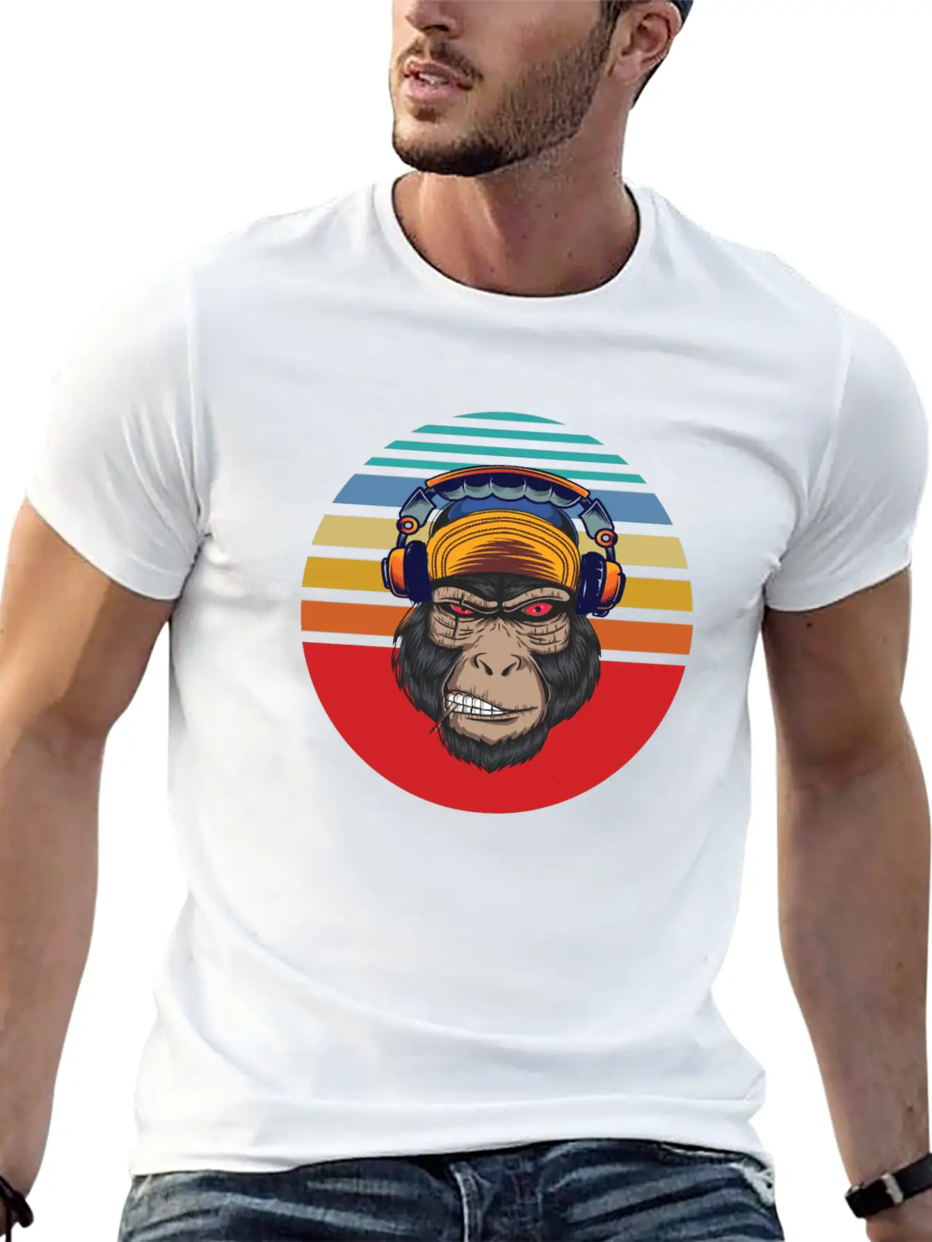 Gorilla Headphones Sunset Retro Stylish Everyday T-Shirt – Unisex Basic Cotton Tee