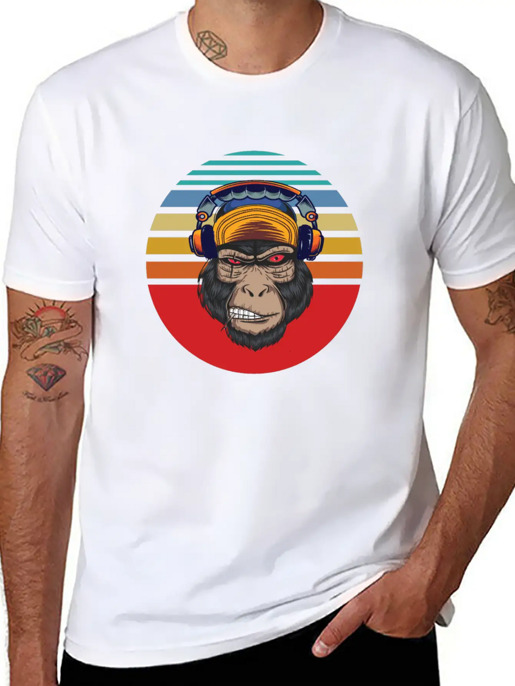 Gorilla Headphones Sunset Retro Stylish Everyday T-Shirt – Unisex Basic Cotton Tee