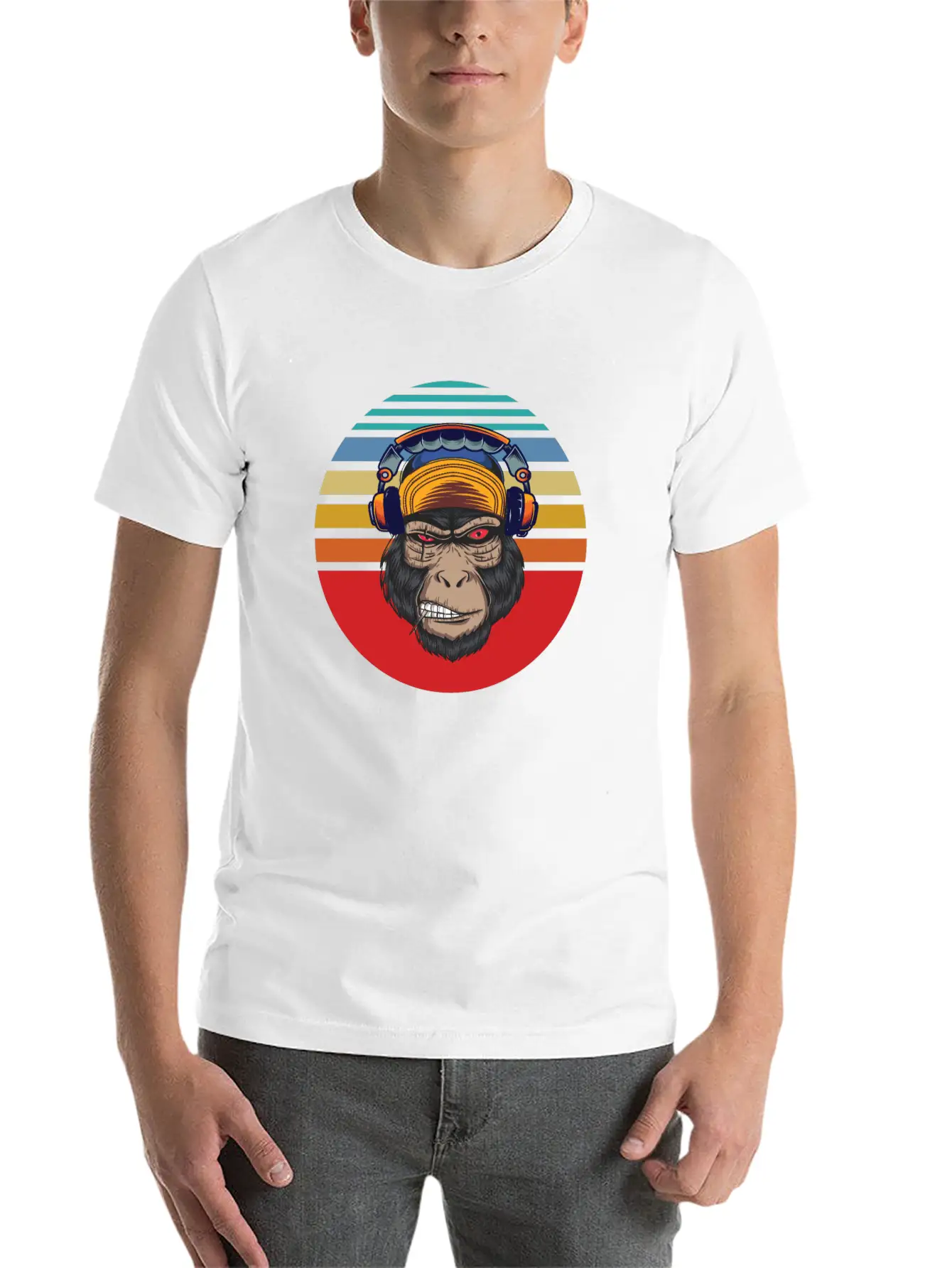 Gorilla Headphones Sunset Retro Stylish Everyday T-Shirt – Unisex Basic Cotton Tee