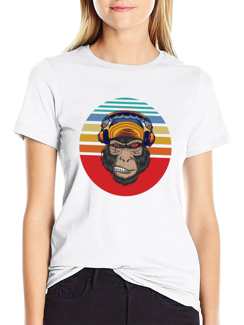 Gorilla Headphones Sunset Retro Stylish Everyday T-Shirt – Unisex Basic Cotton Tee