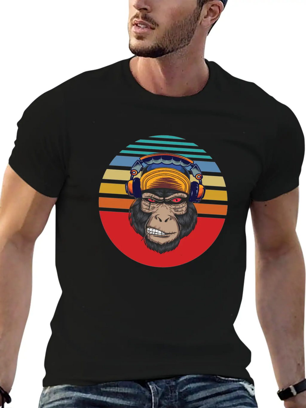 Gorilla Headphones Sunset Retro Stylish Everyday T-Shirt – Unisex Basic Cotton Tee