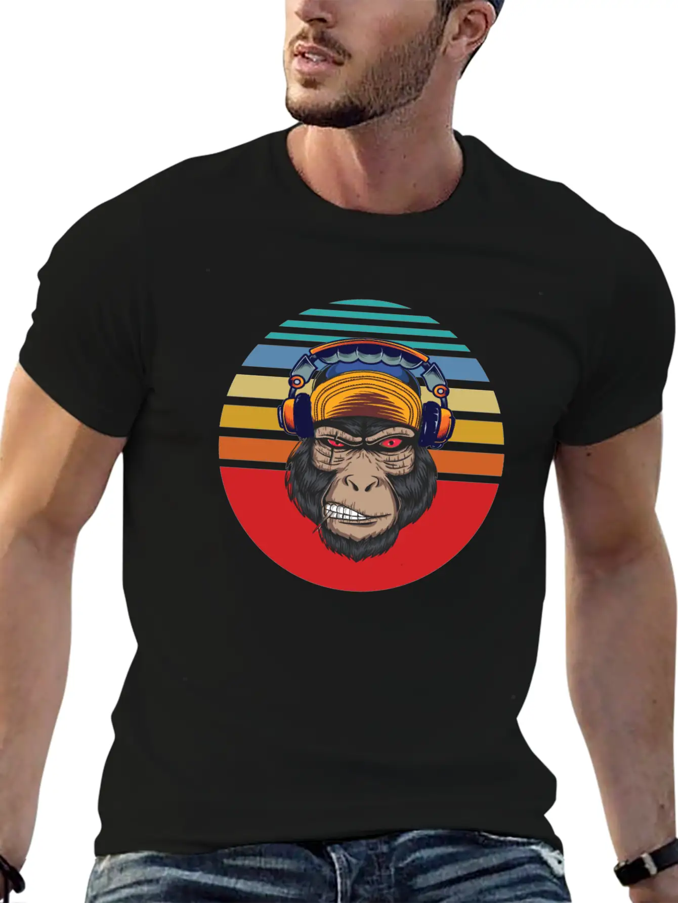 Gorilla Headphones Sunset Retro Stylish Everyday T-Shirt – Unisex Basic Cotton Tee