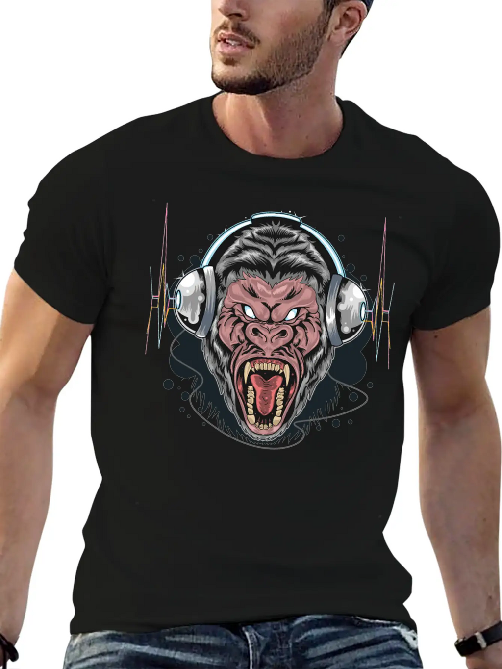 Gorilla Monkey Headphones Music DJ Dancing Party Essential Cotton Tee For Daily Outfits – Unisex Style