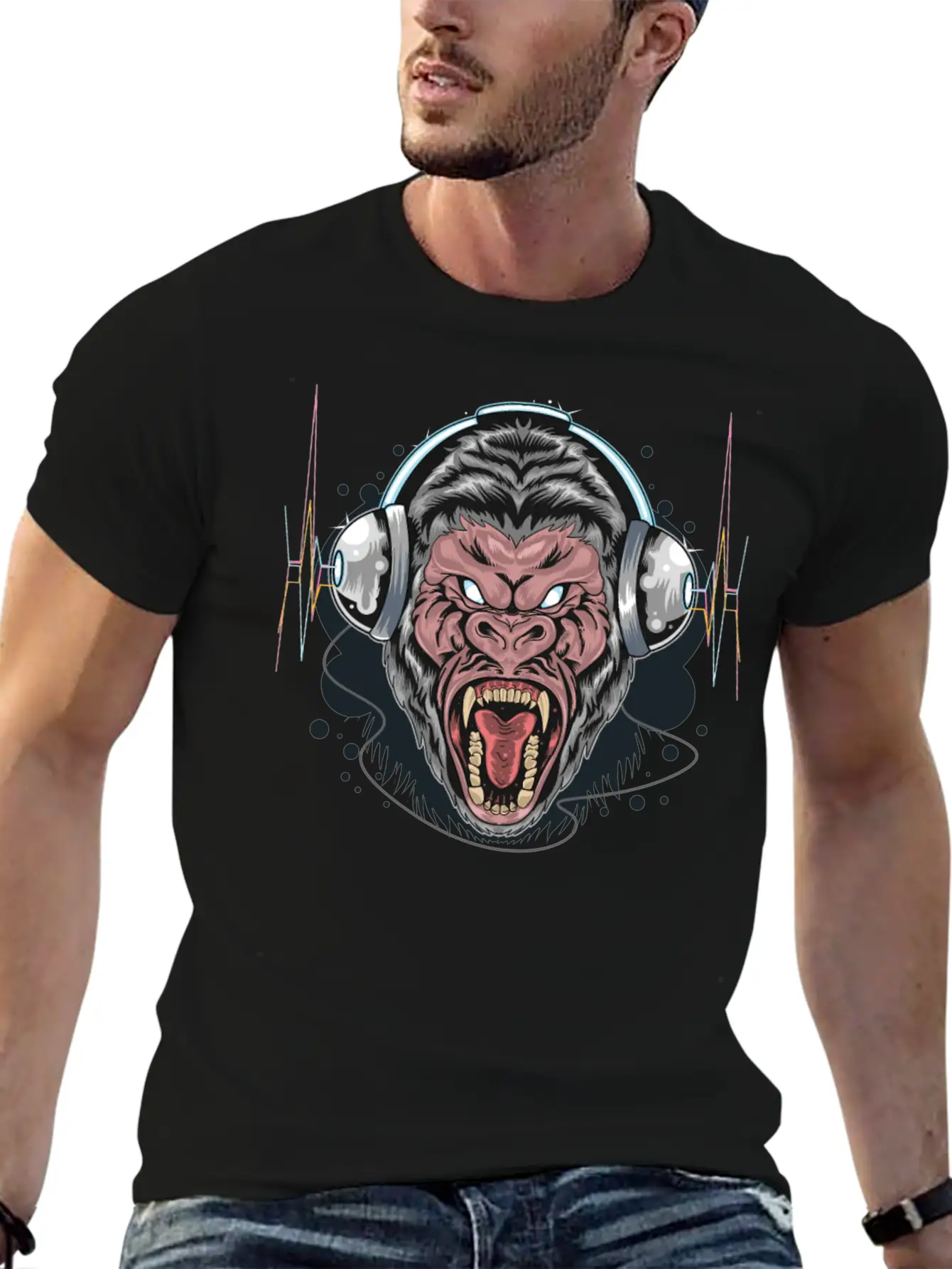 Gorilla Monkey Headphones Music DJ Dancing Party Essential Cotton Tee For Daily Outfits – Unisex Style