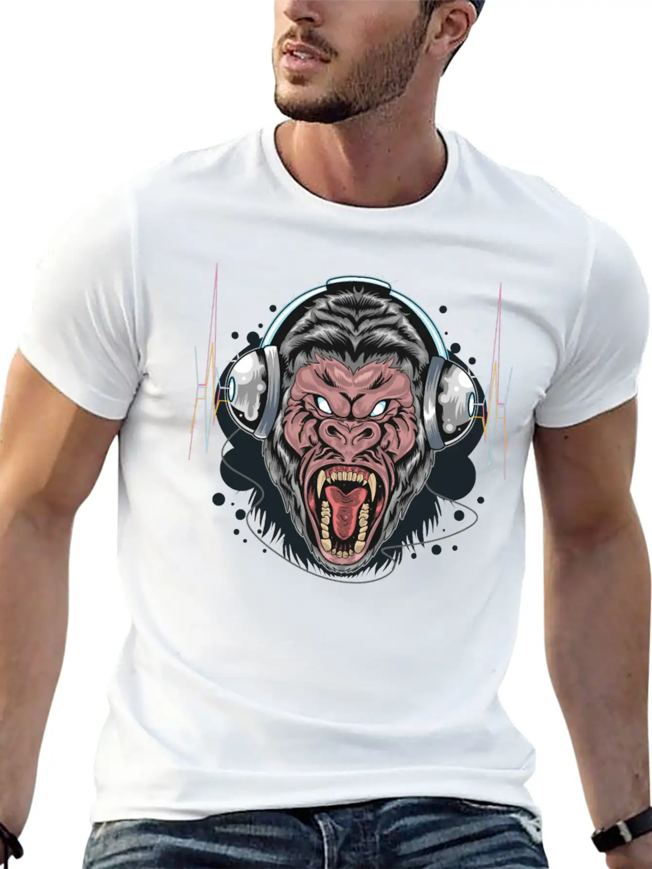 Gorilla Monkey Headphones Music DJ Dancing Party Essential Cotton Tee For Daily Outfits – Unisex Style