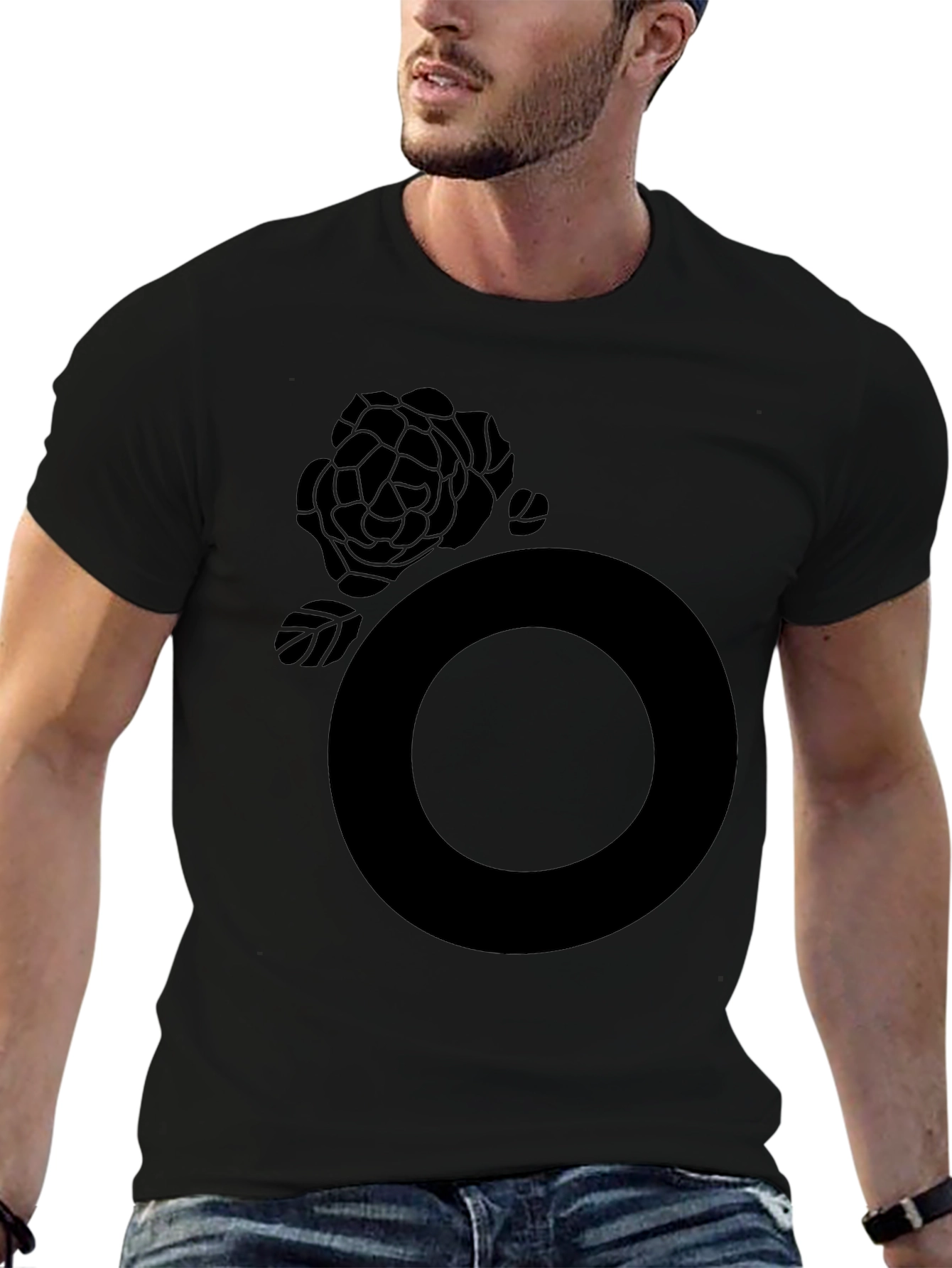 Black Graphic Tee - Rose and Circle Design