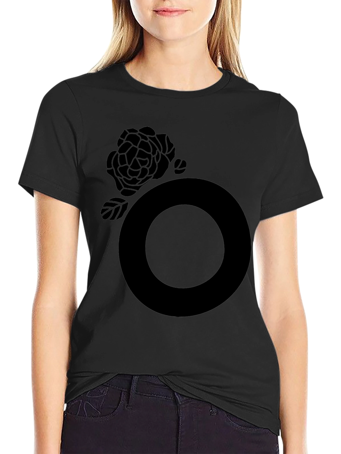 Black Graphic Tee - Rose and Circle Design