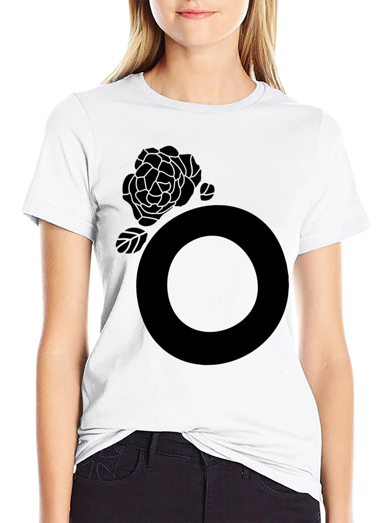 Black Graphic Tee - Rose and Circle Design