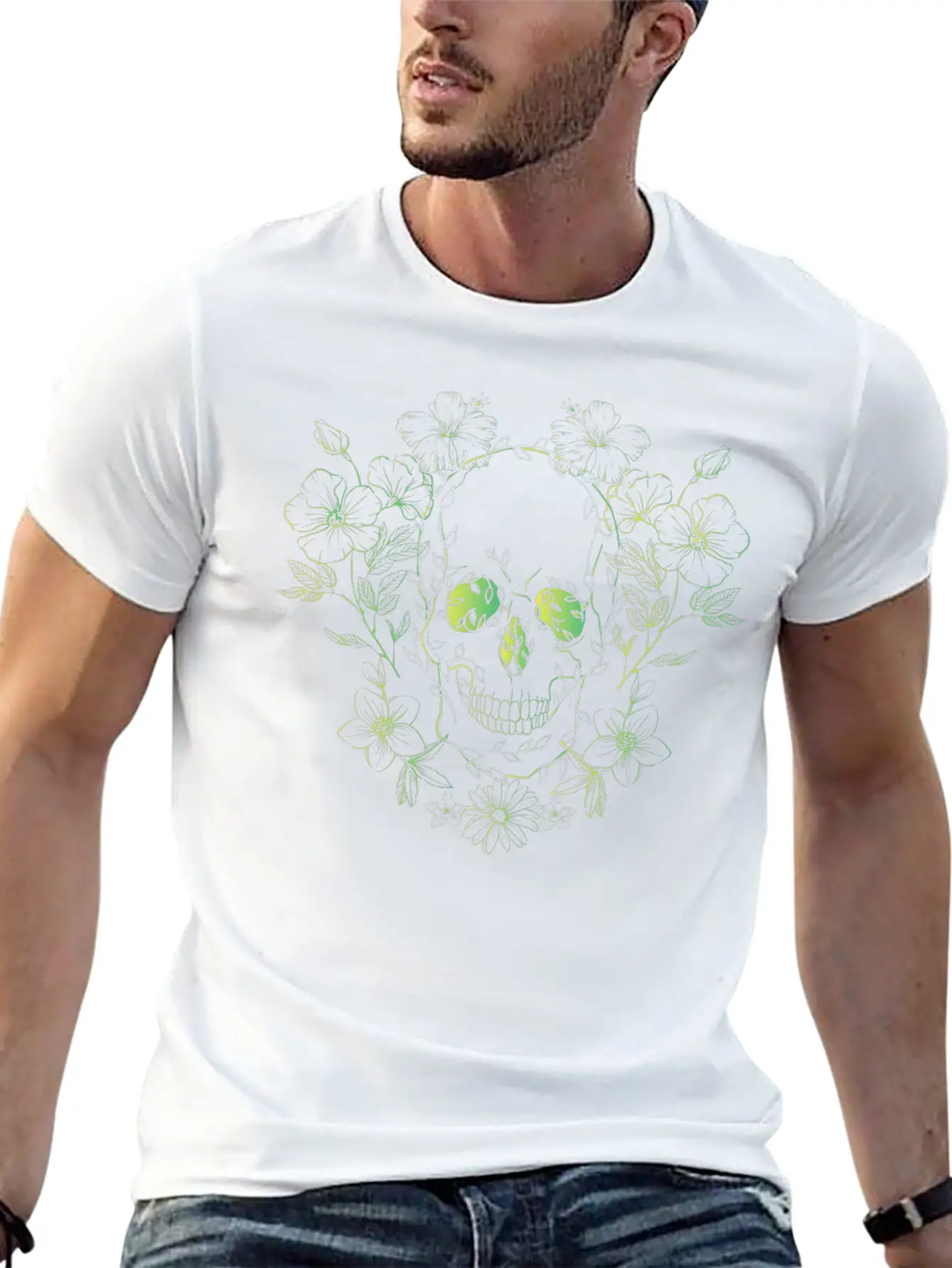 Gradient Flowery Skull 2 Unisex Short Sleeve Soft Cotton T-Shirt – Casual Everyday Wear