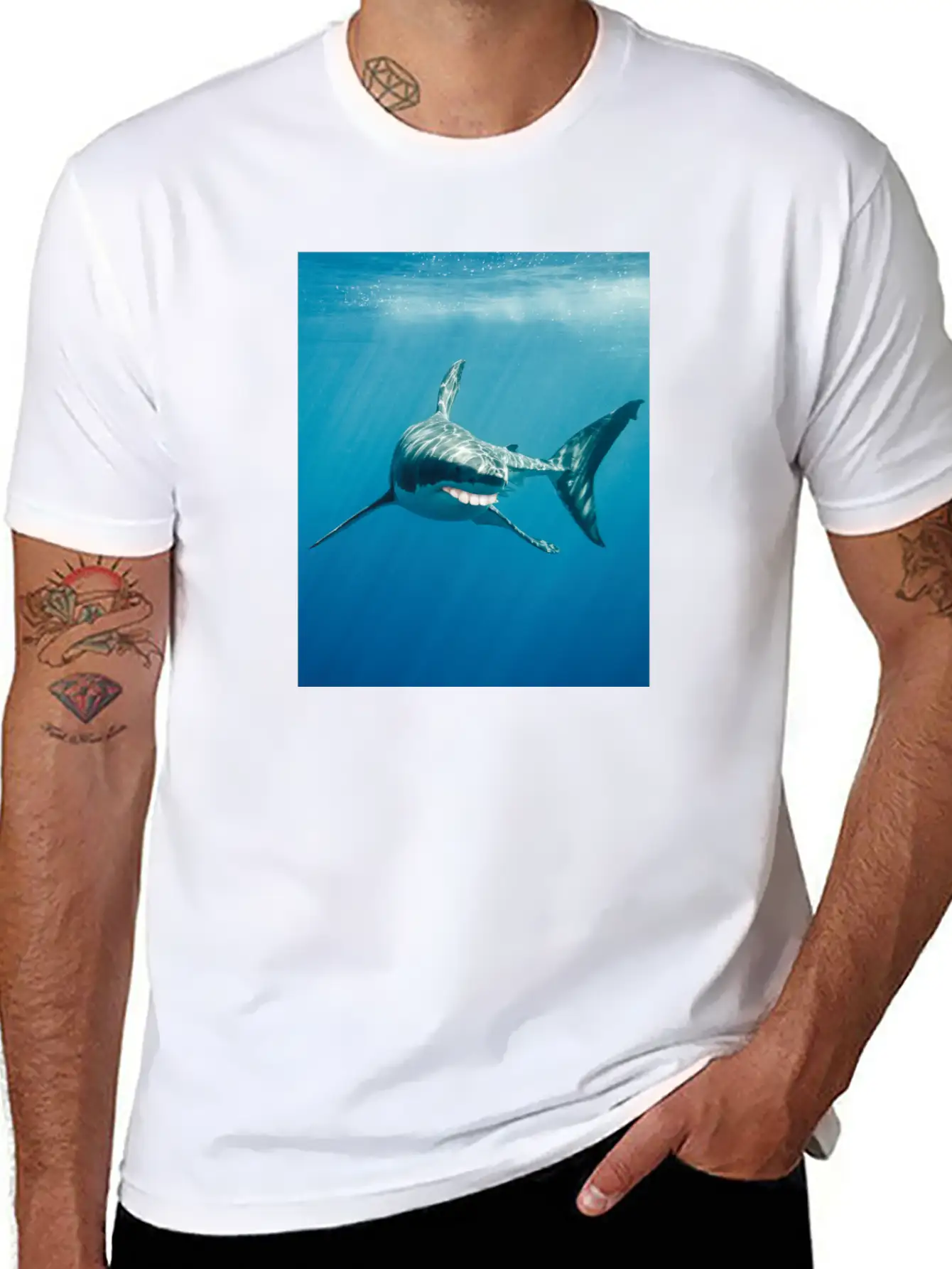 Great White Shark With Human Graphicth Design Classic Fit Graphic Tee For Daily Comfort – Unisex Cotton Shirt