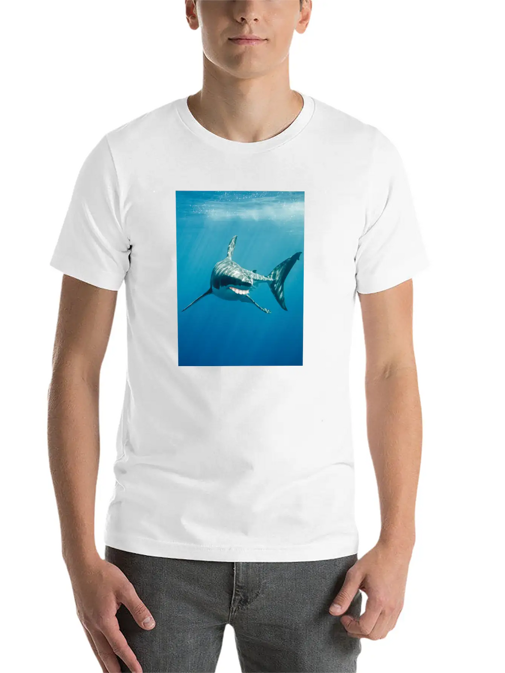 Great White Shark With Human Graphicth Design Classic Fit Graphic Tee For Daily Comfort – Unisex Cotton Shirt