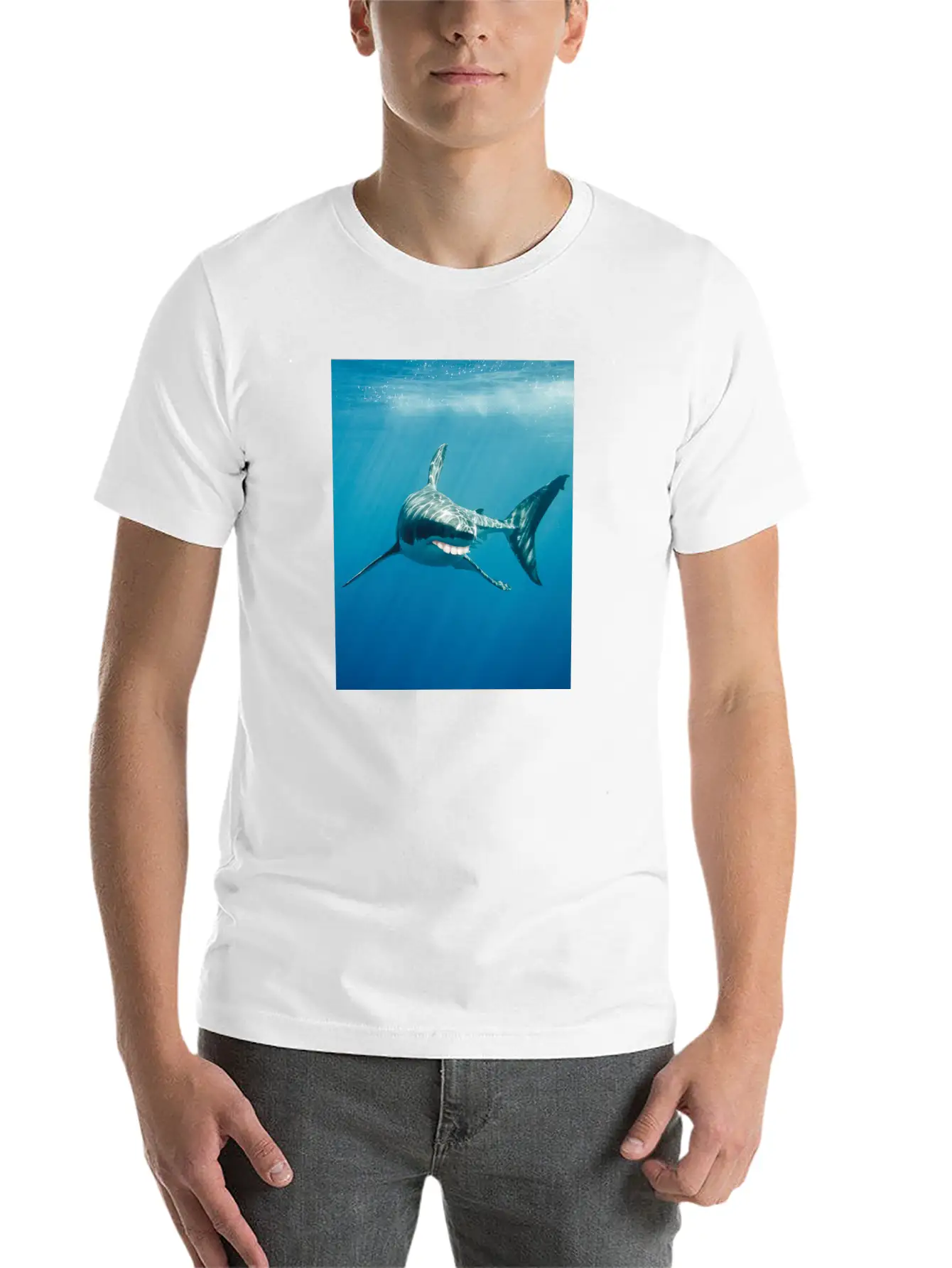Great White Shark With Human Graphicth Design Classic Fit Graphic Tee For Daily Comfort – Unisex Cotton Shirt