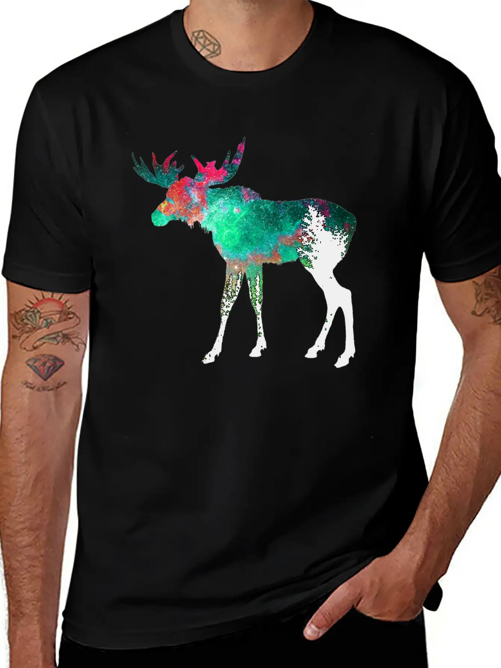 Green Aurora Galaxy Moose Casual Graphic T-Shirt – Simple And Comfortable Daily Wear