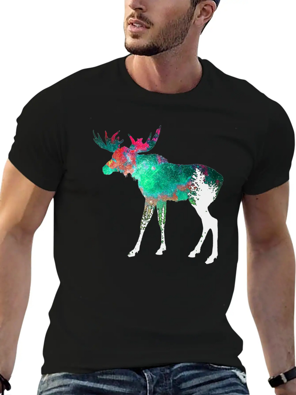 Green Aurora Galaxy Moose Casual Graphic T-Shirt – Simple And Comfortable Daily Wear