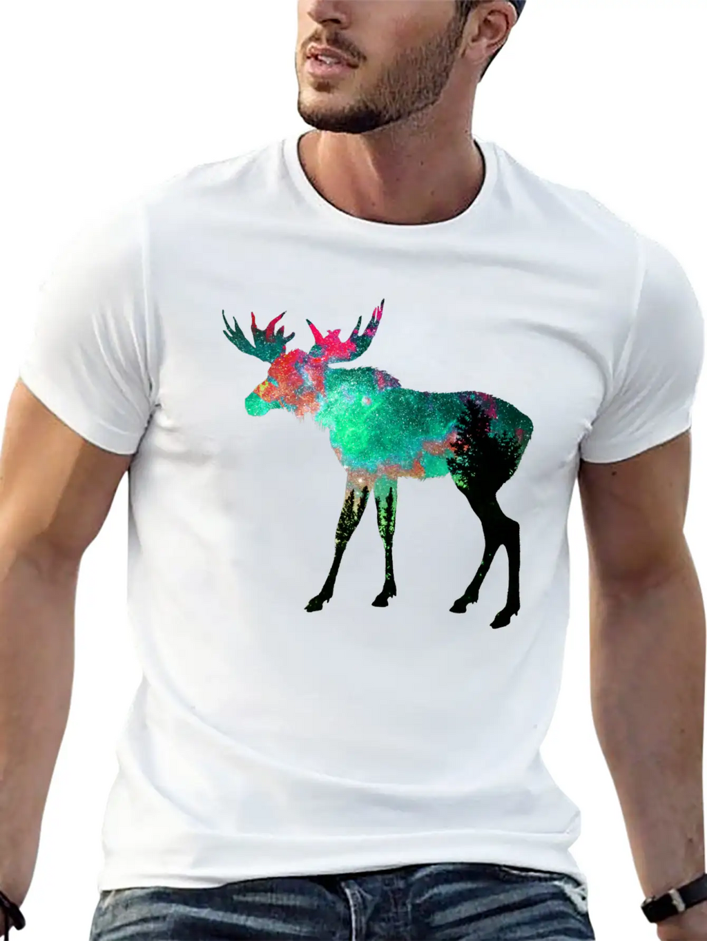 Green Aurora Galaxy Moose Casual Graphic T-Shirt – Simple And Comfortable Daily Wear