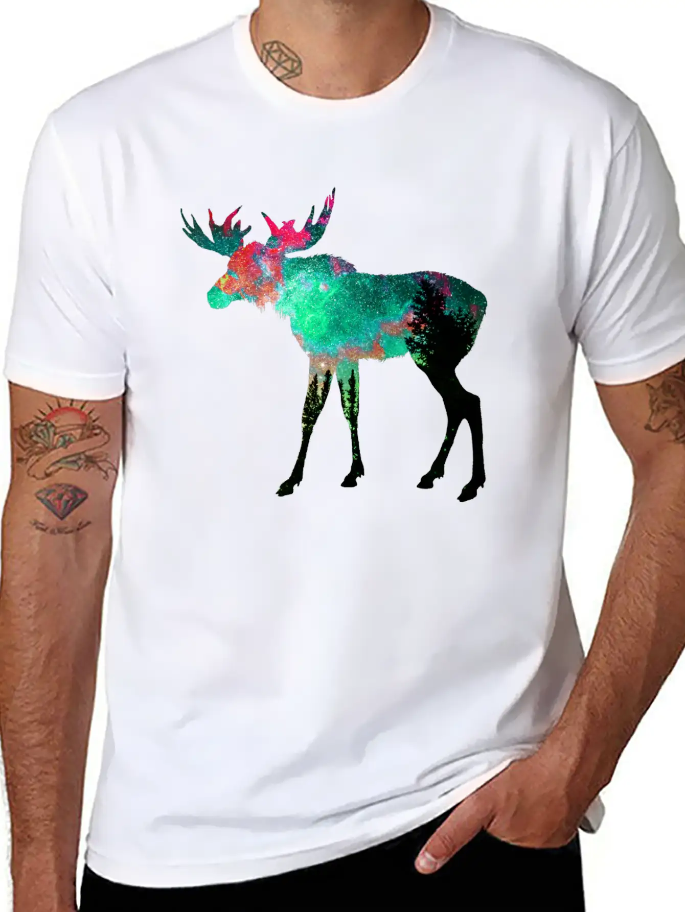 Green Aurora Galaxy Moose Casual Graphic T-Shirt – Simple And Comfortable Daily Wear