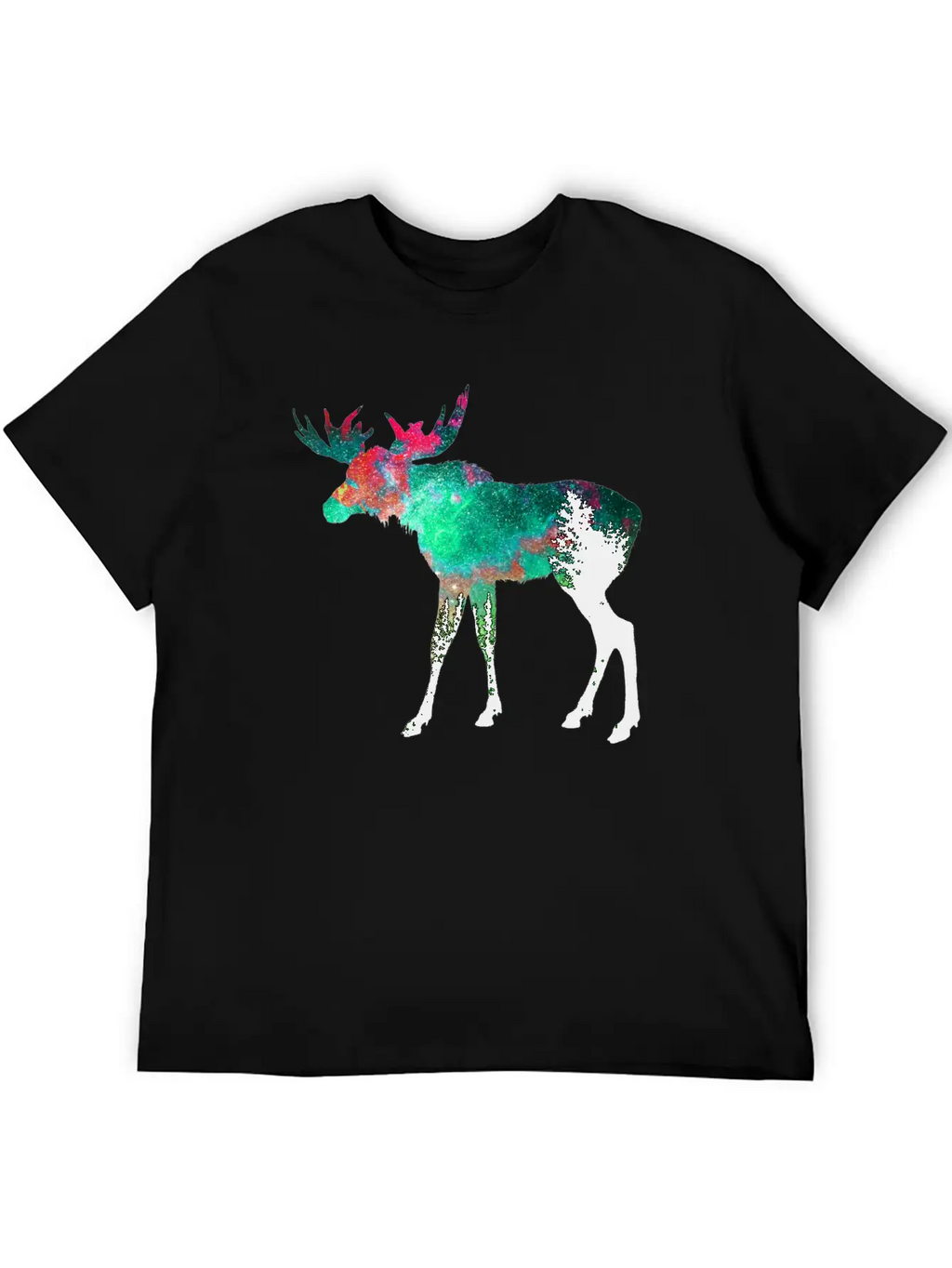 Green Aurora Galaxy Moose Casual Graphic T-Shirt – Simple And Comfortable Daily Wear