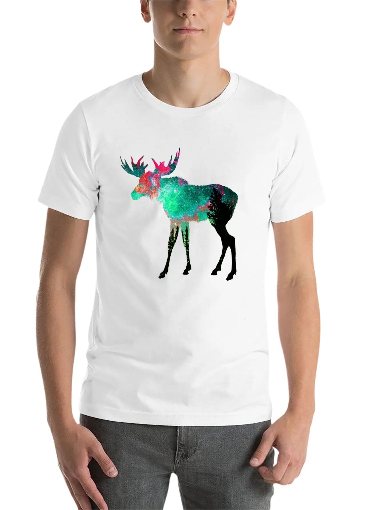 Green Aurora Galaxy Moose Casual Graphic T-Shirt – Simple And Comfortable Daily Wear
