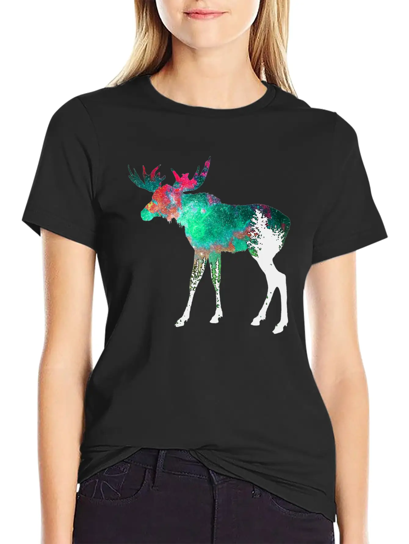 Green Aurora Galaxy Moose Casual Graphic T-Shirt – Simple And Comfortable Daily Wear