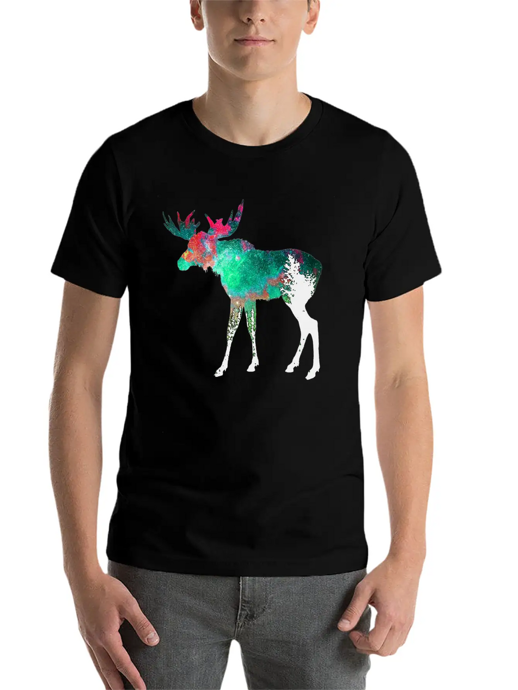 Green Aurora Galaxy Moose Casual Graphic T-Shirt – Simple And Comfortable Daily Wear