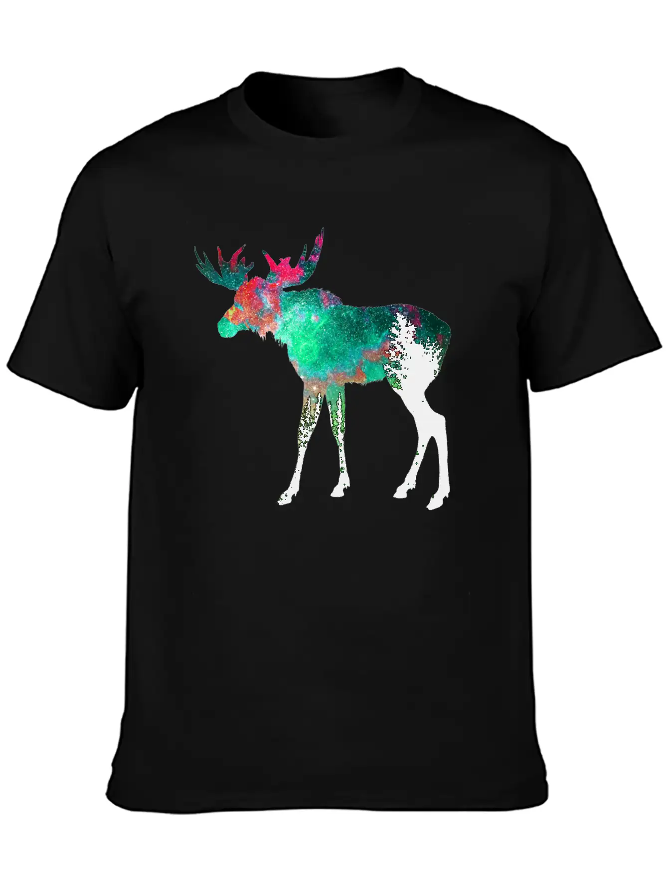 Green Aurora Galaxy Moose Casual Graphic T-Shirt – Simple And Comfortable Daily Wear