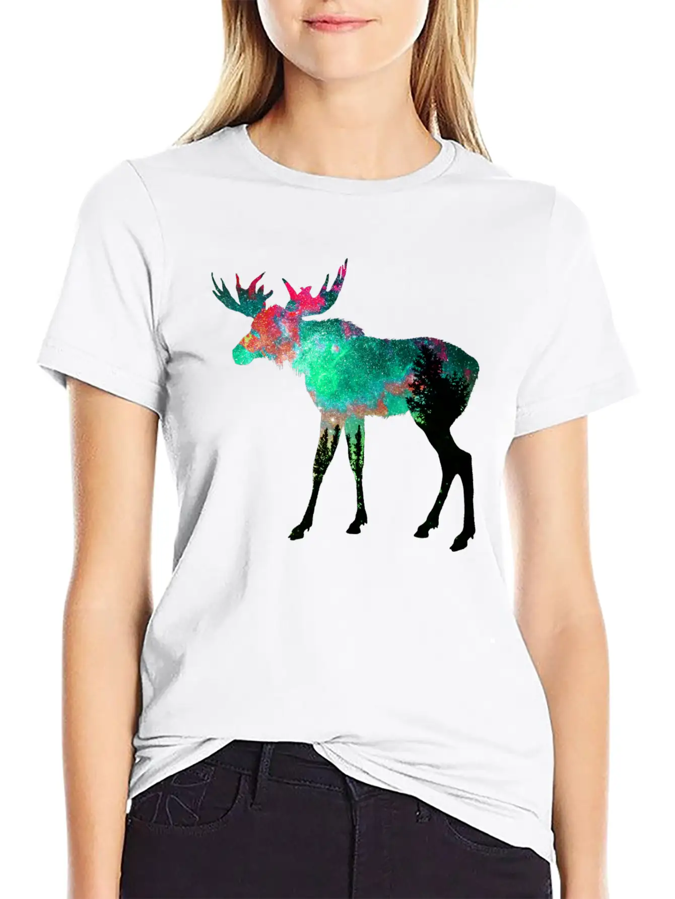 Green Aurora Galaxy Moose Casual Graphic T-Shirt – Simple And Comfortable Daily Wear