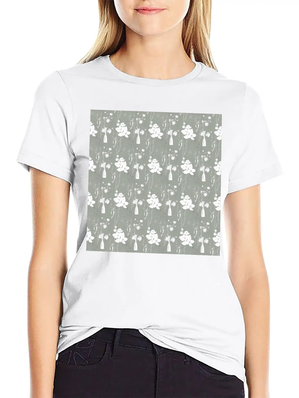 Green Floral Line Art Spring Pattern Breathable Soft Cotton T-Shirt – Timeless Casual Look