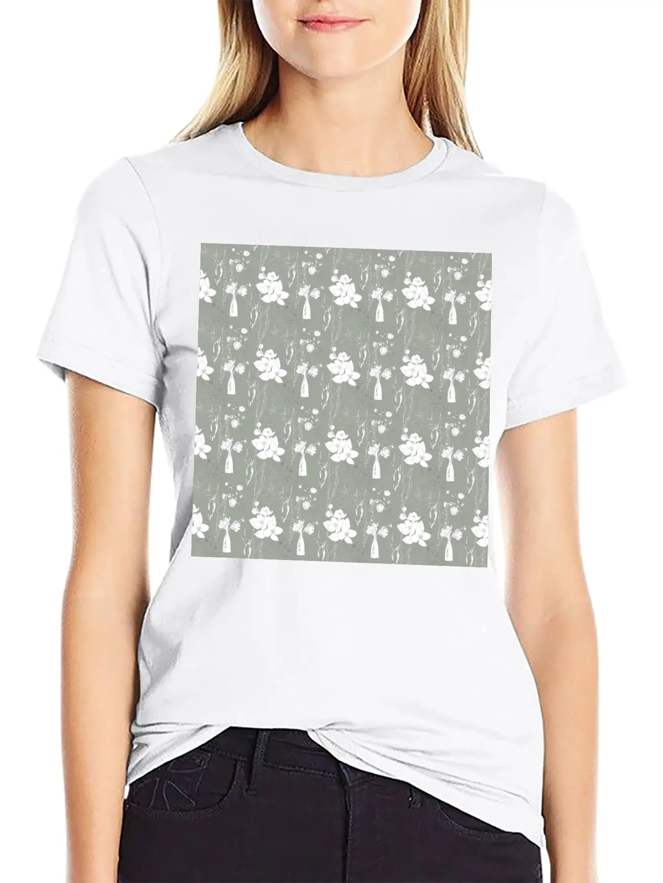 Green Floral Line Art Spring Pattern Breathable Soft Cotton T-Shirt – Timeless Casual Look