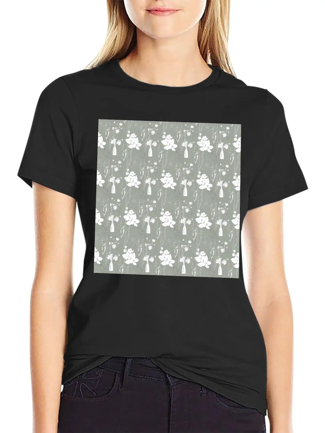 Green Floral Line Art Spring Pattern Breathable Soft Cotton T-Shirt – Timeless Casual Look