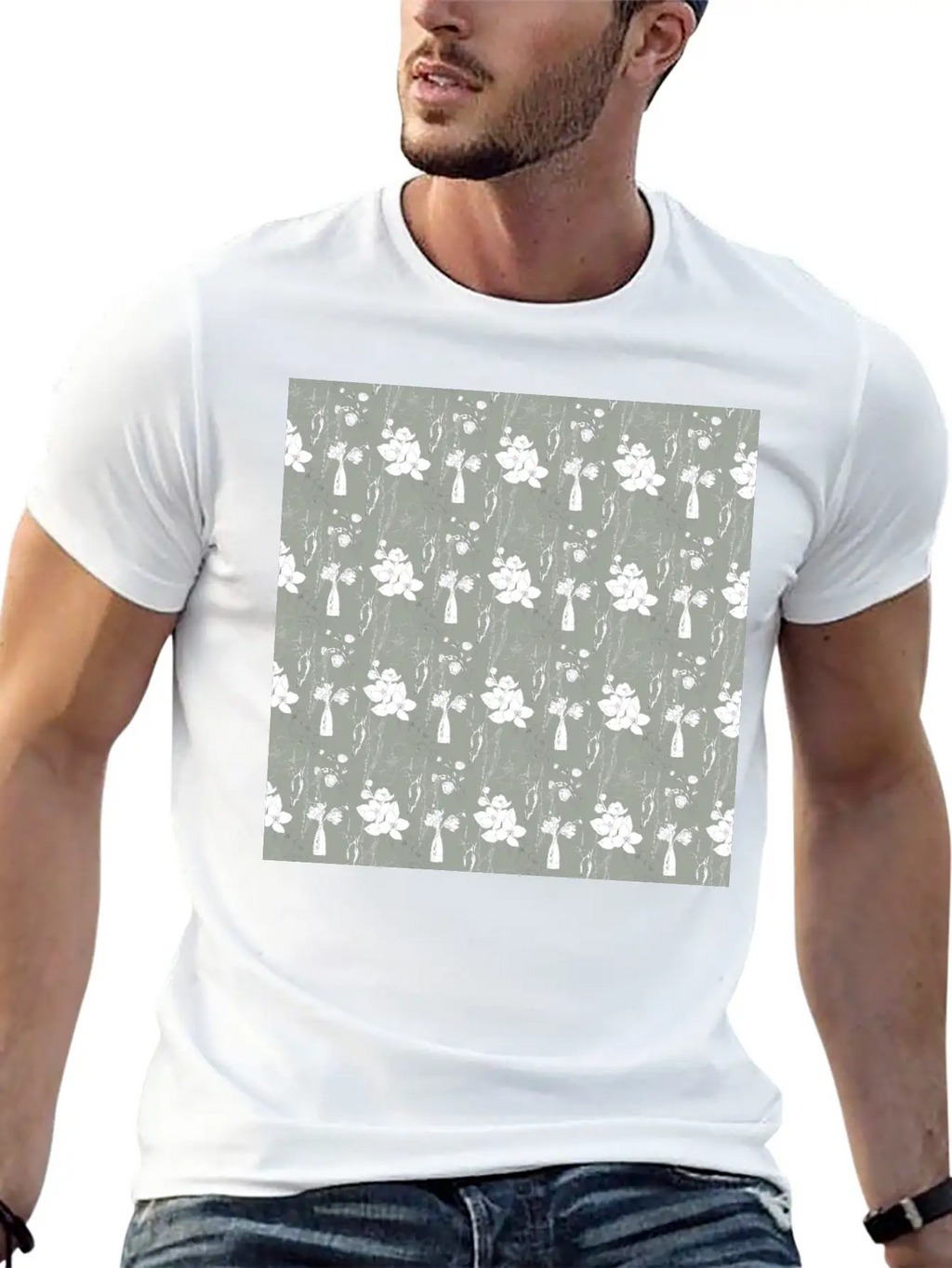 Green Floral Line Art Spring Pattern Breathable Soft Cotton T-Shirt – Timeless Casual Look