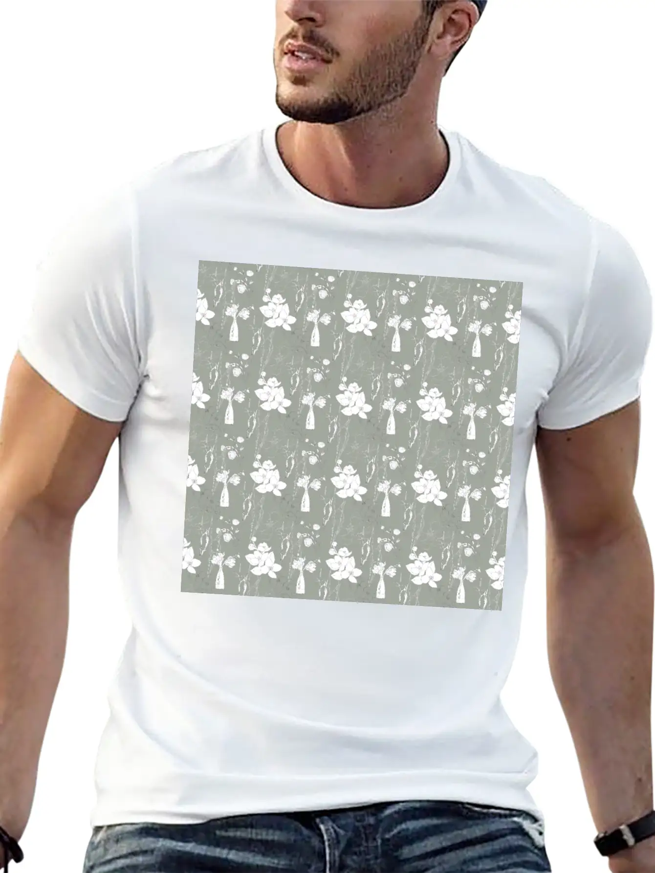 Green Floral Line Art Spring Pattern Breathable Soft Cotton T-Shirt – Timeless Casual Look
