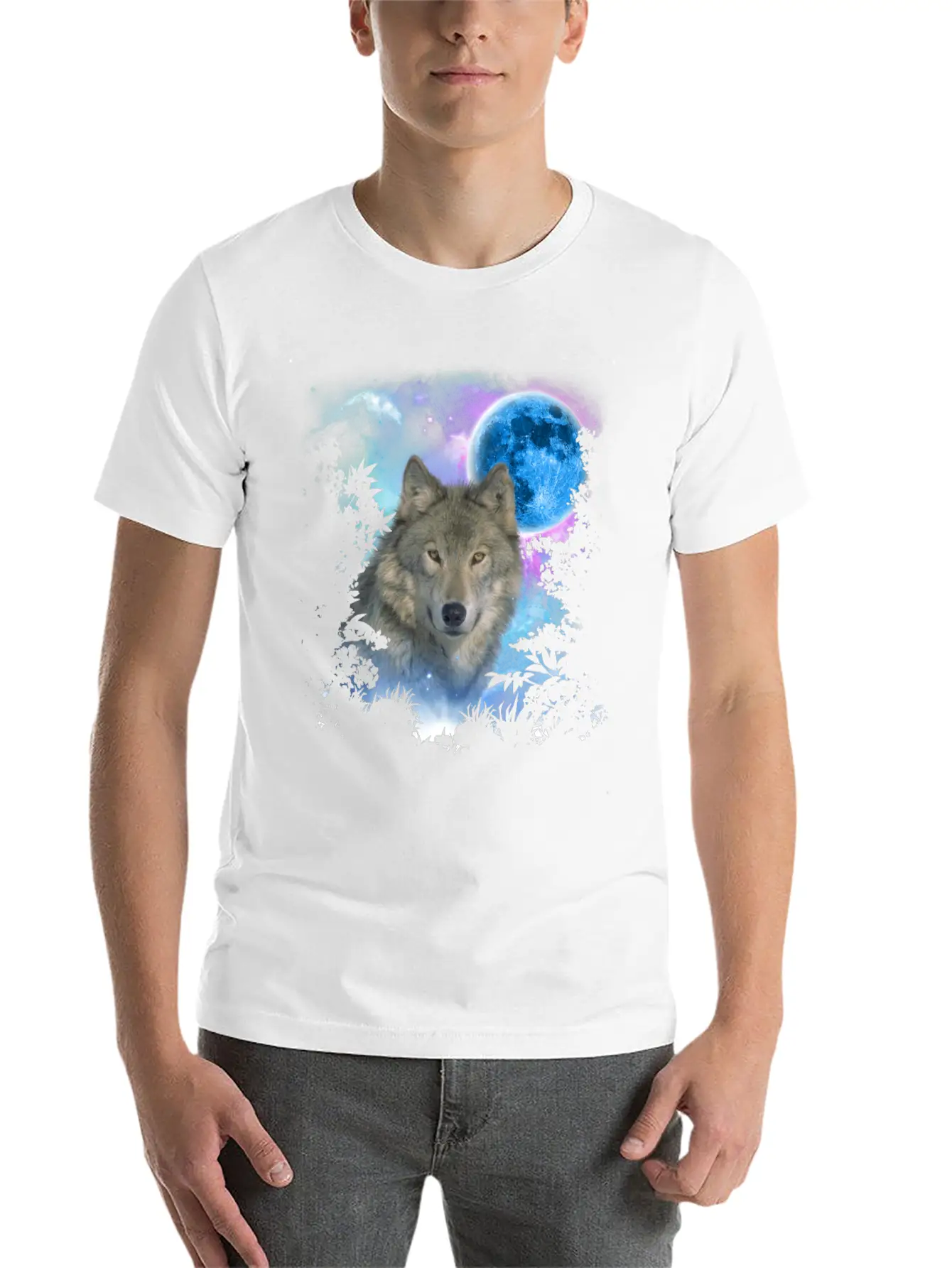 Grey Wolf MidNight Forest Unisex Short Sleeve Soft Cotton T-Shirt – Casual Everyday Wear