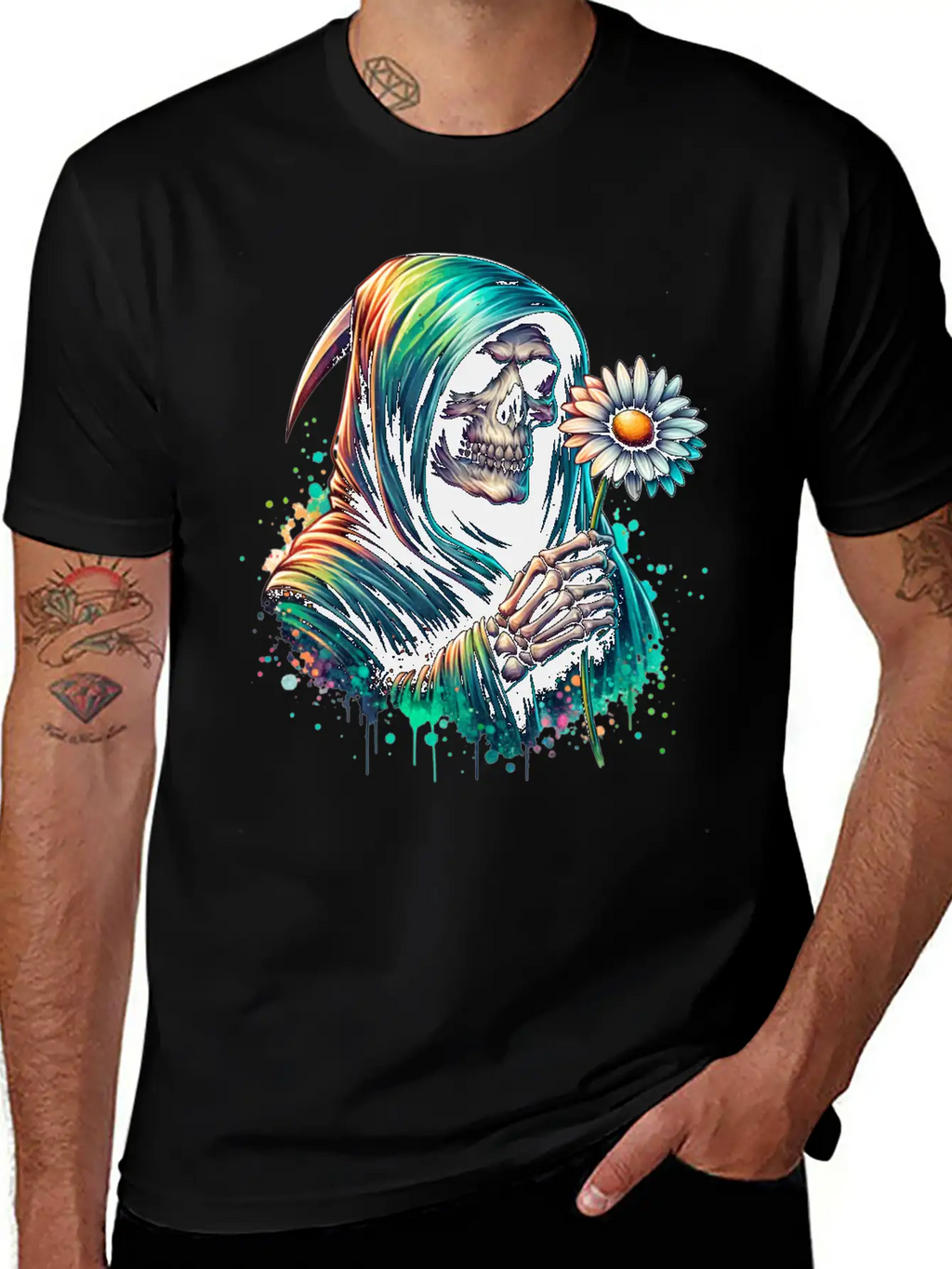Grim Reaper Holding Daisy Flower Unisex Casual T-Shirt – Clean Design For Daily Comfort