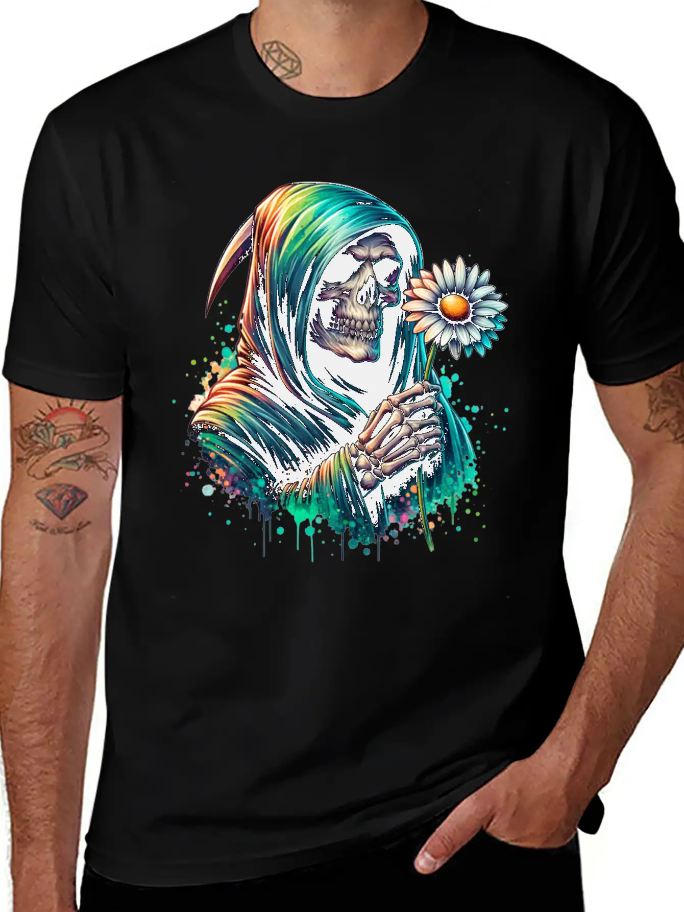 Grim Reaper Holding Daisy Flower Unisex Casual T-Shirt – Clean Design For Daily Comfort